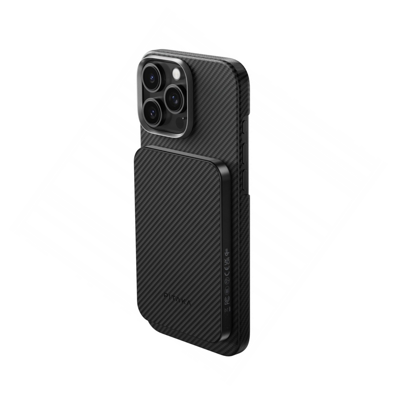 iPhone negro con funda de fibra de carbono y batería magnética. Fondo blanco.