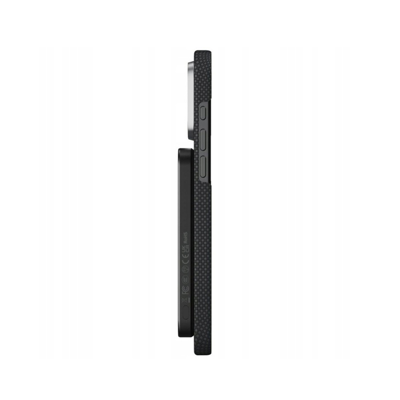 Teléfono negro con paquete de batería negro adjunto, vista lateral.