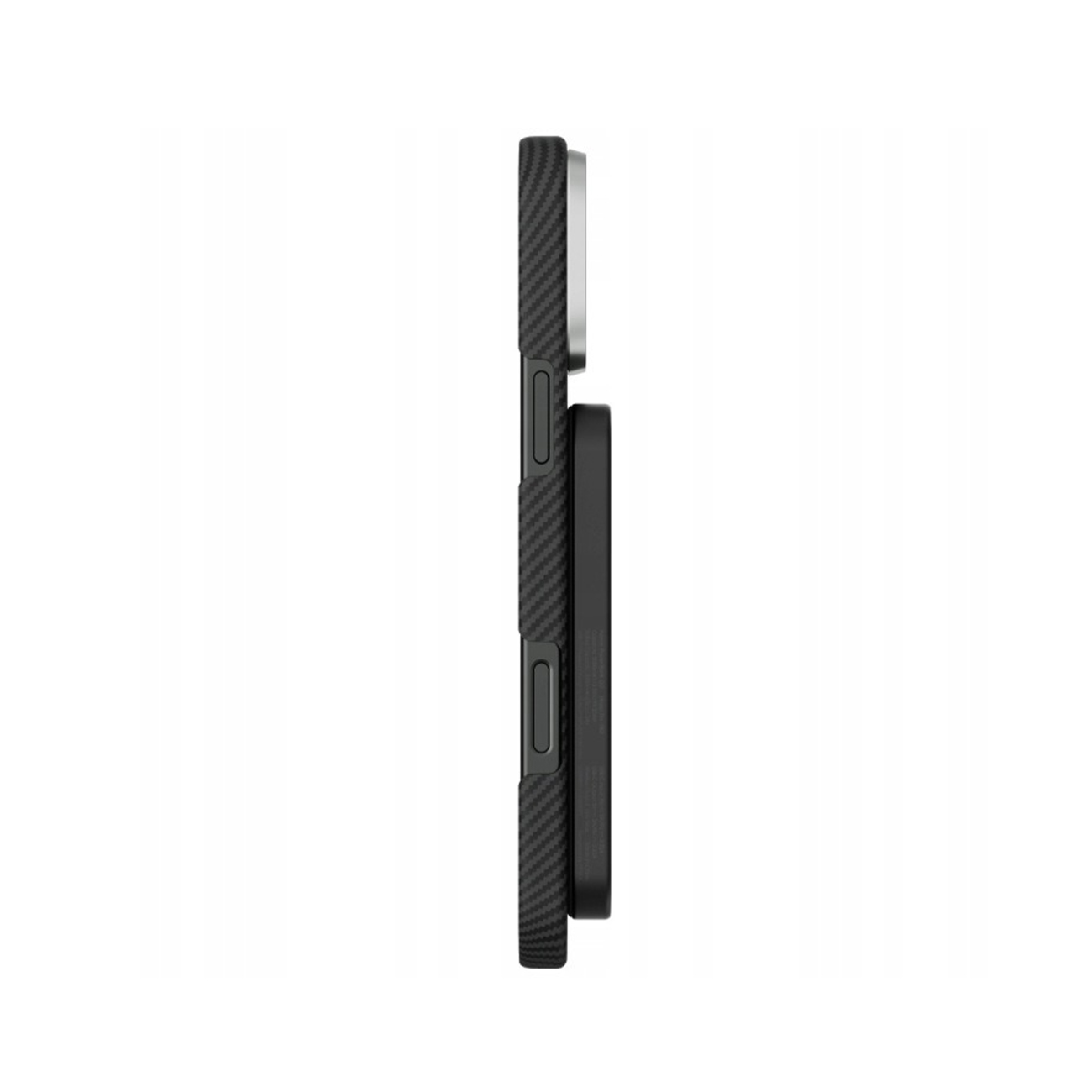 Funda negra de fibra de carbono para móvil, vista lateral.