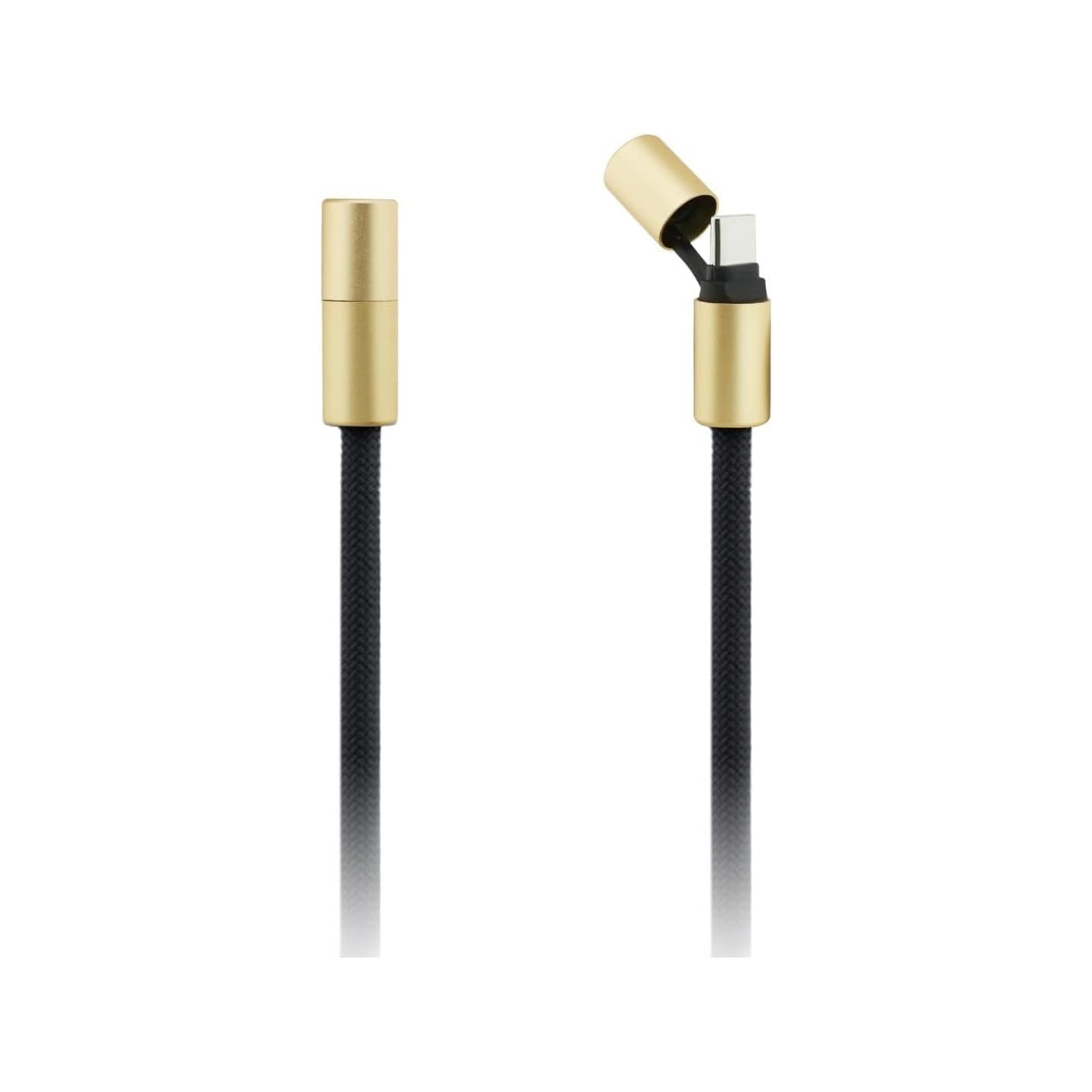 Un cable negro con conectores dorados, uno abierto y otro cerrado.