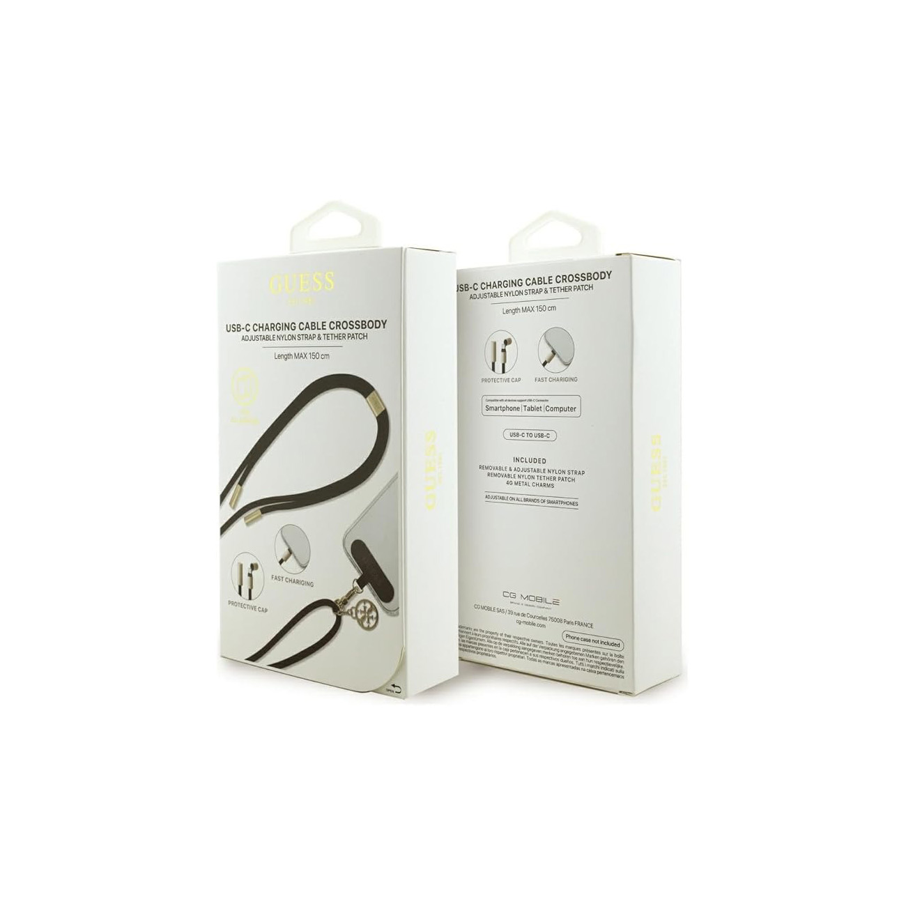 Dos cajas blancas de Guess para un juego de bandolera con cable de carga USB-C.