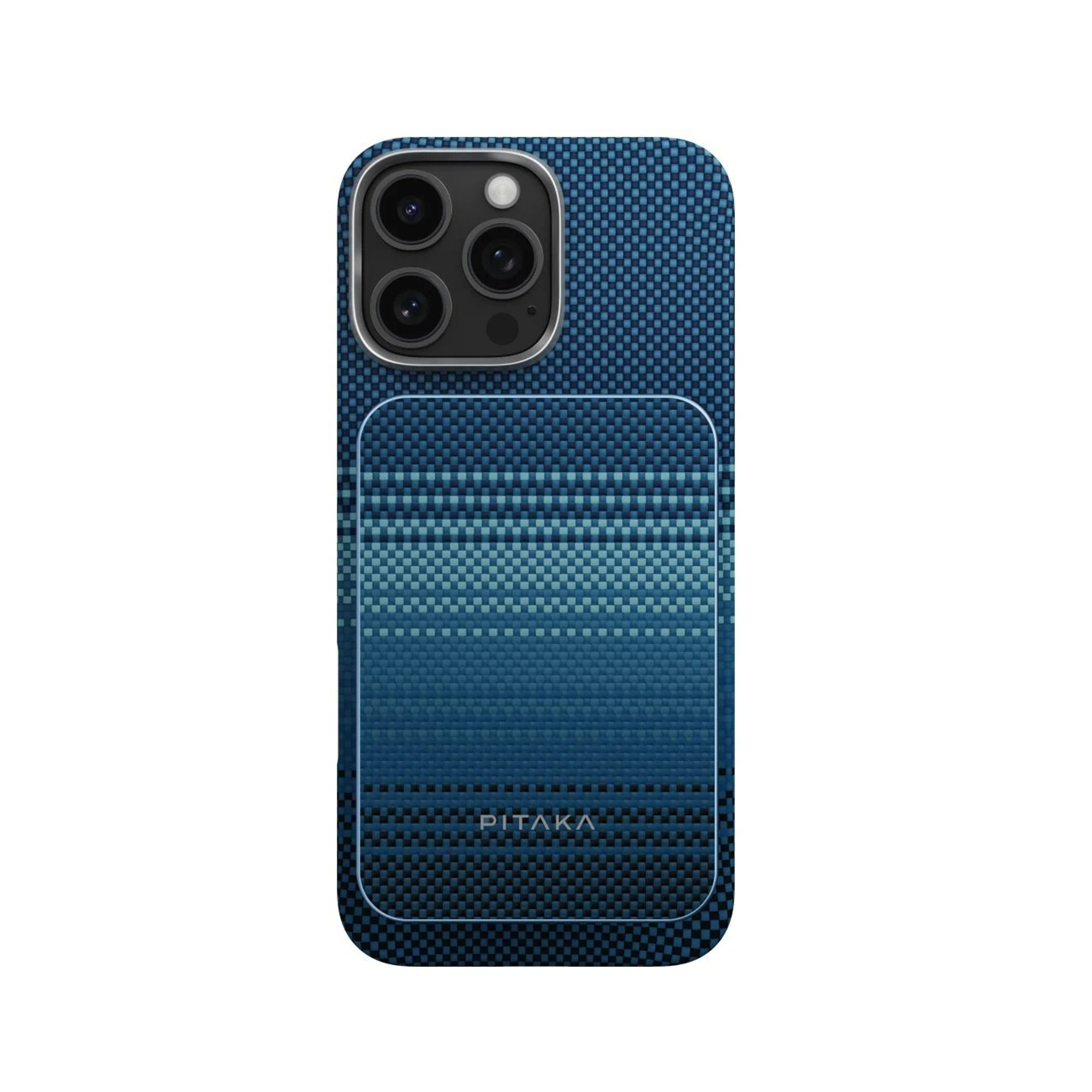 Funda azul para teléfono con área de cámara y rayas horizontales.