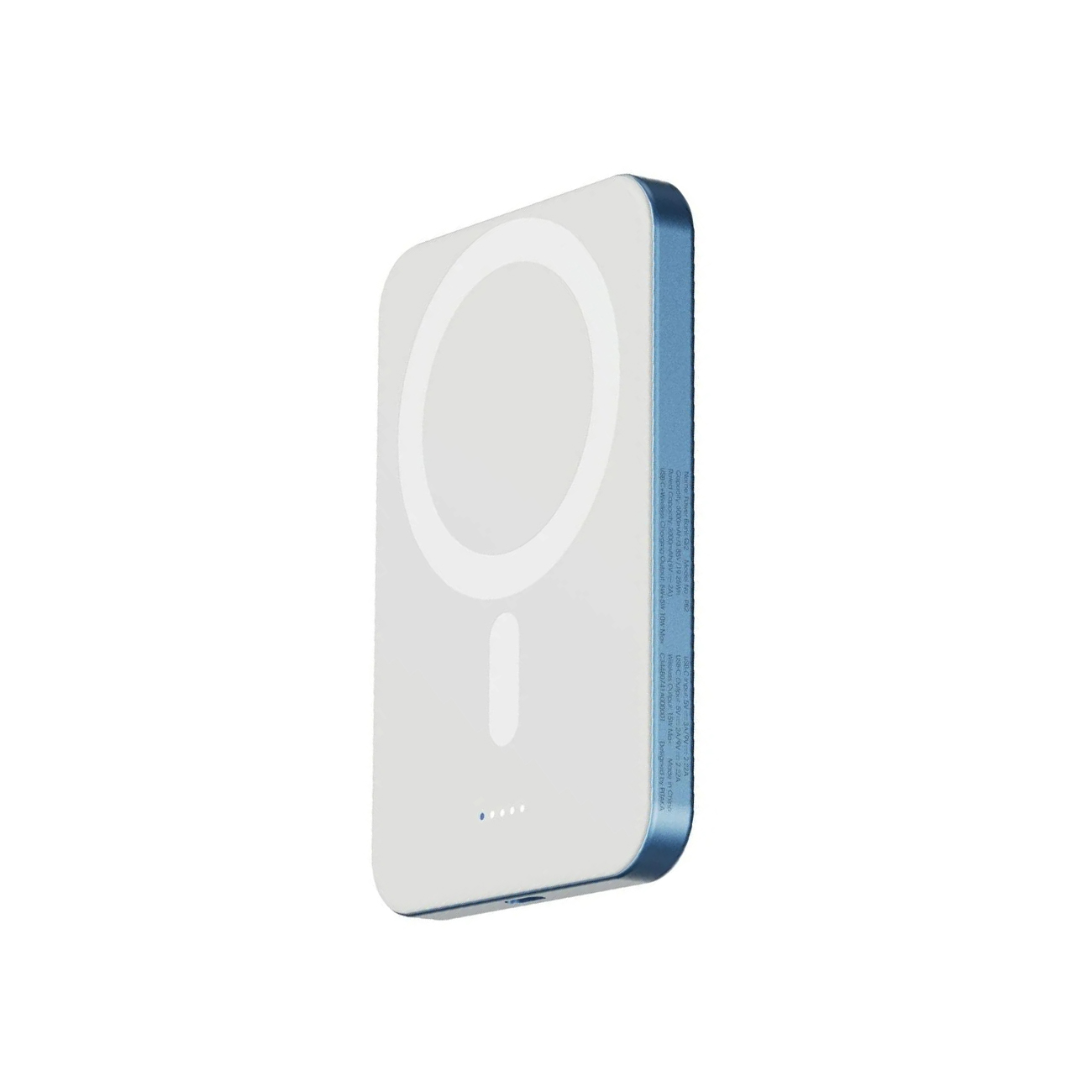 Una batería externa blanca rectangular con borde azul, sobre una superficie blanca.