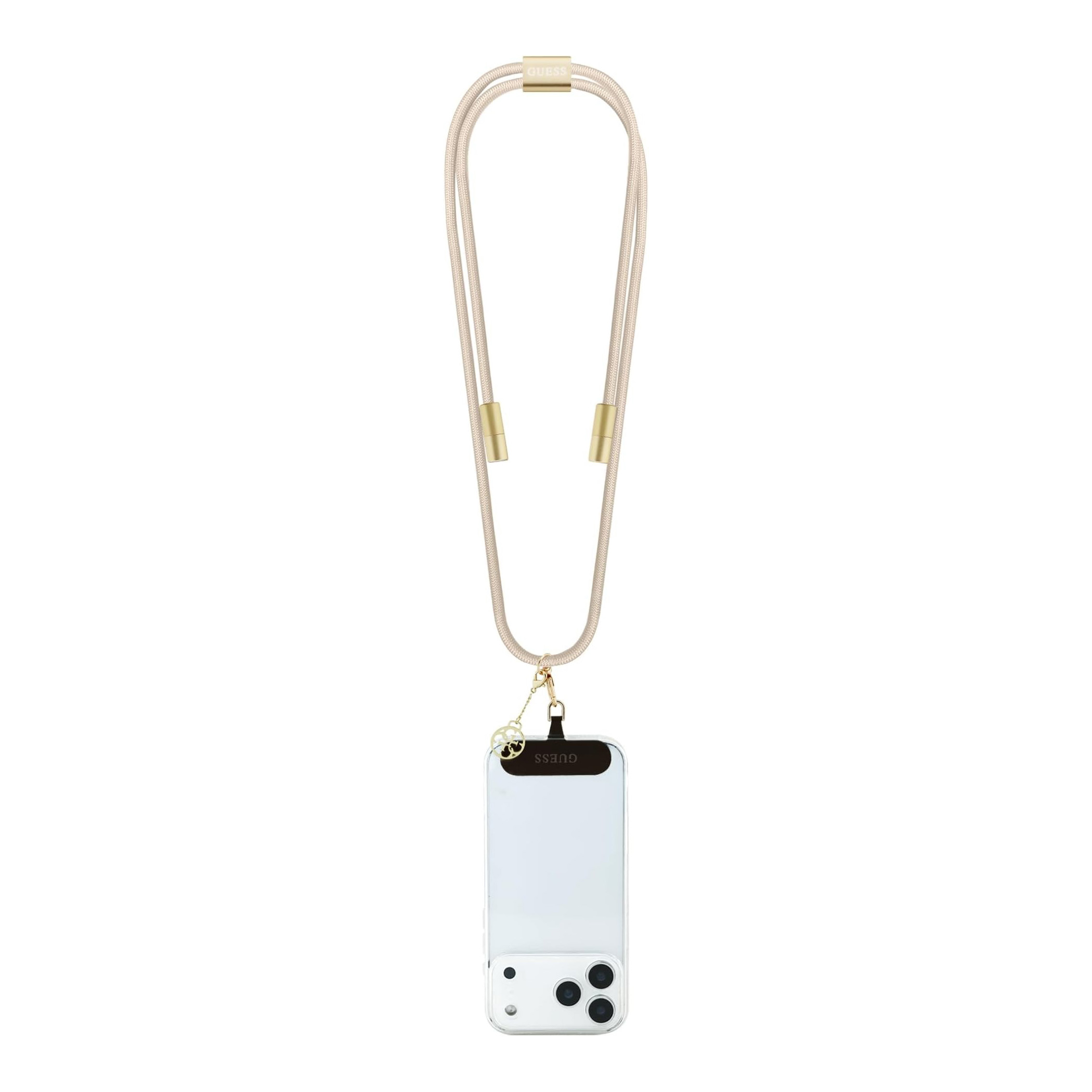 Un cordón marrón claro con un teléfono plateado y tres cámaras.