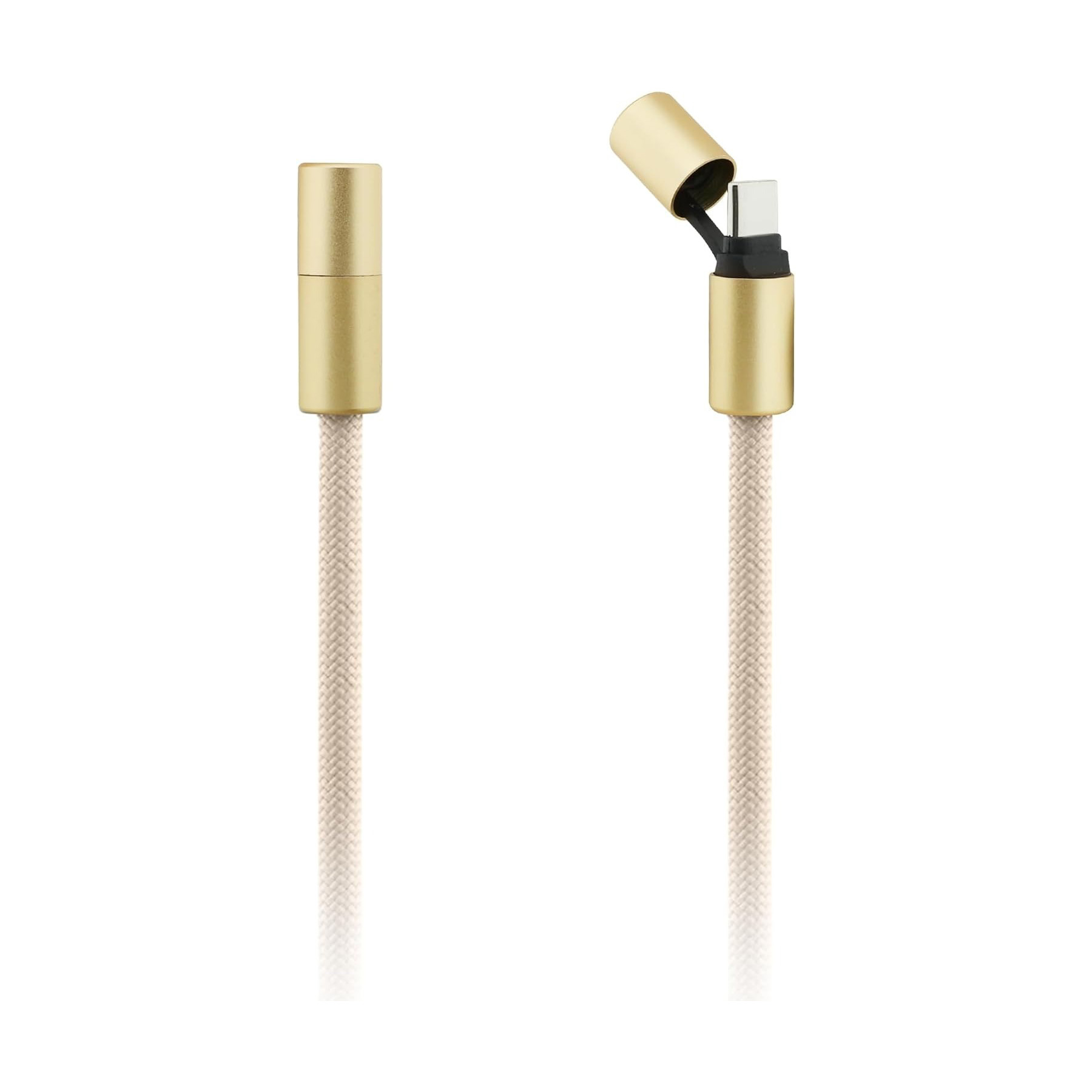 Dos extremos de cable USB-C dorados con cordón de tela blanco, uno con tapa abierta.