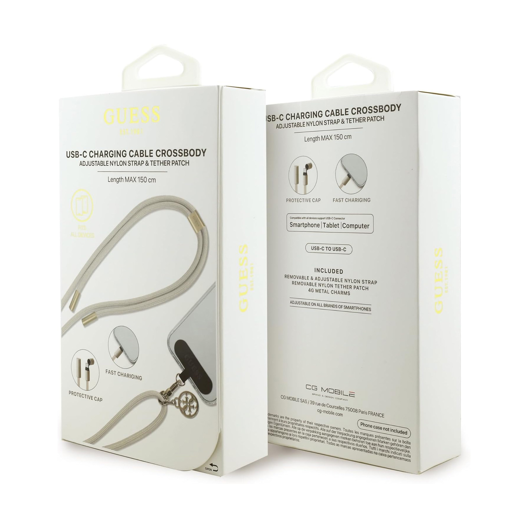 Embalaje de bandolera con cable de carga USB-C de Guess. Incluye visuales.