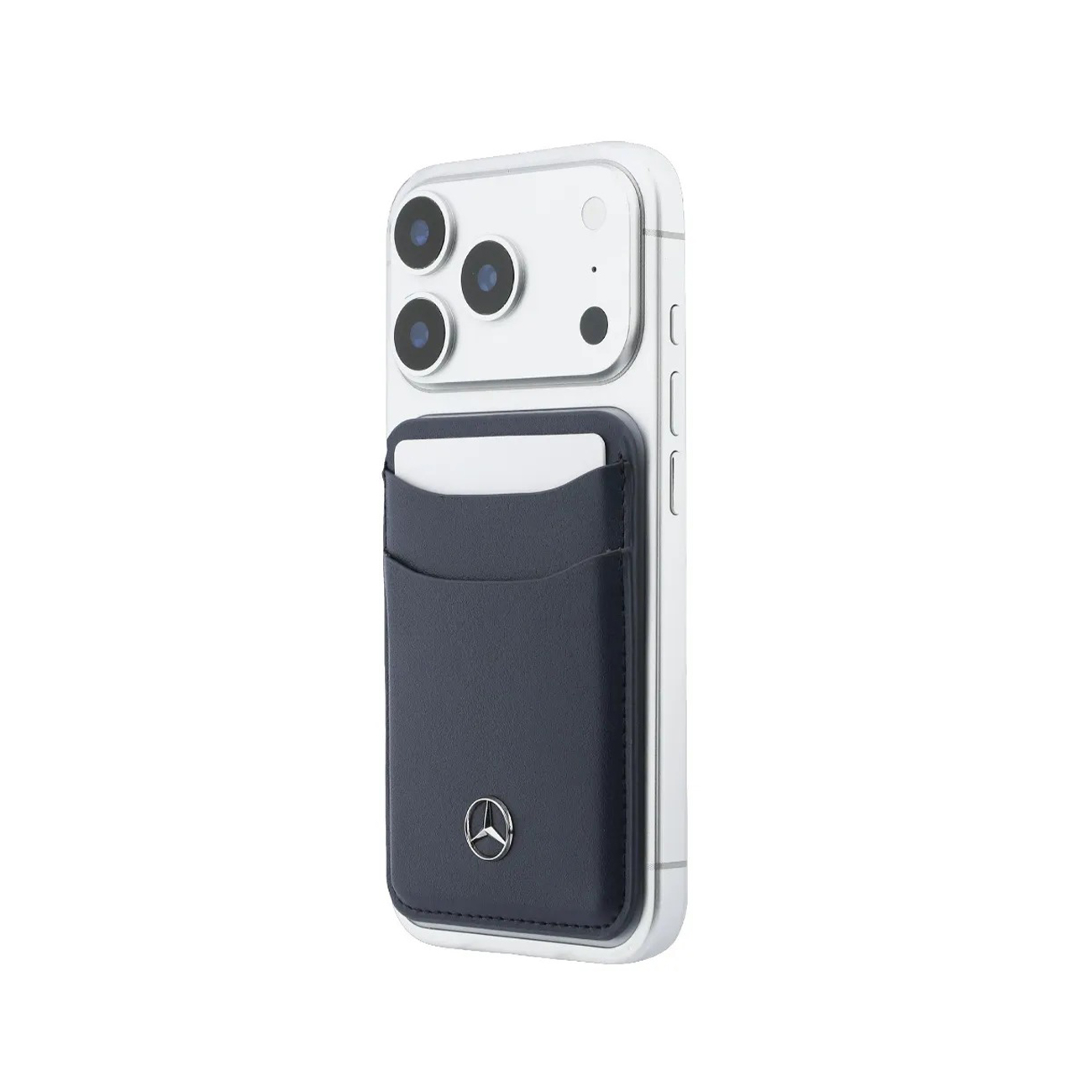 Un iPhone plateado con un tarjetero oscuro y logo de Mercedes-Benz.