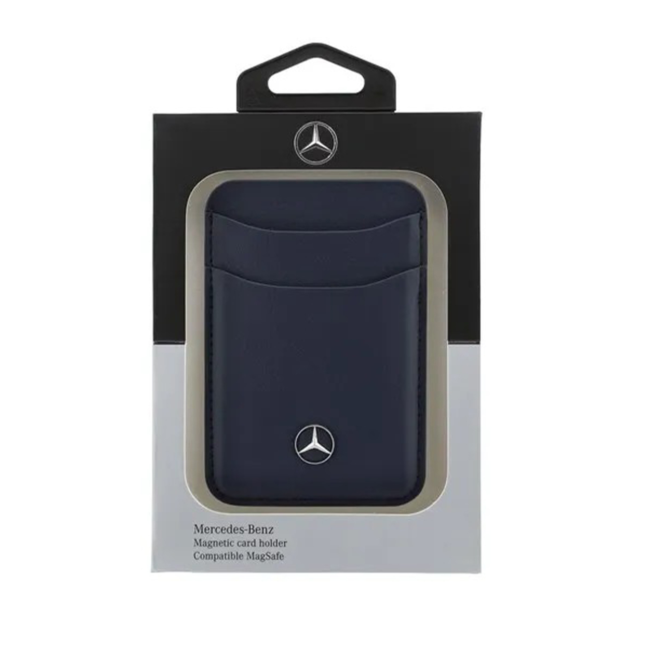 Portatarjetas magnético Mercedes-Benz azul oscuro en embalaje.