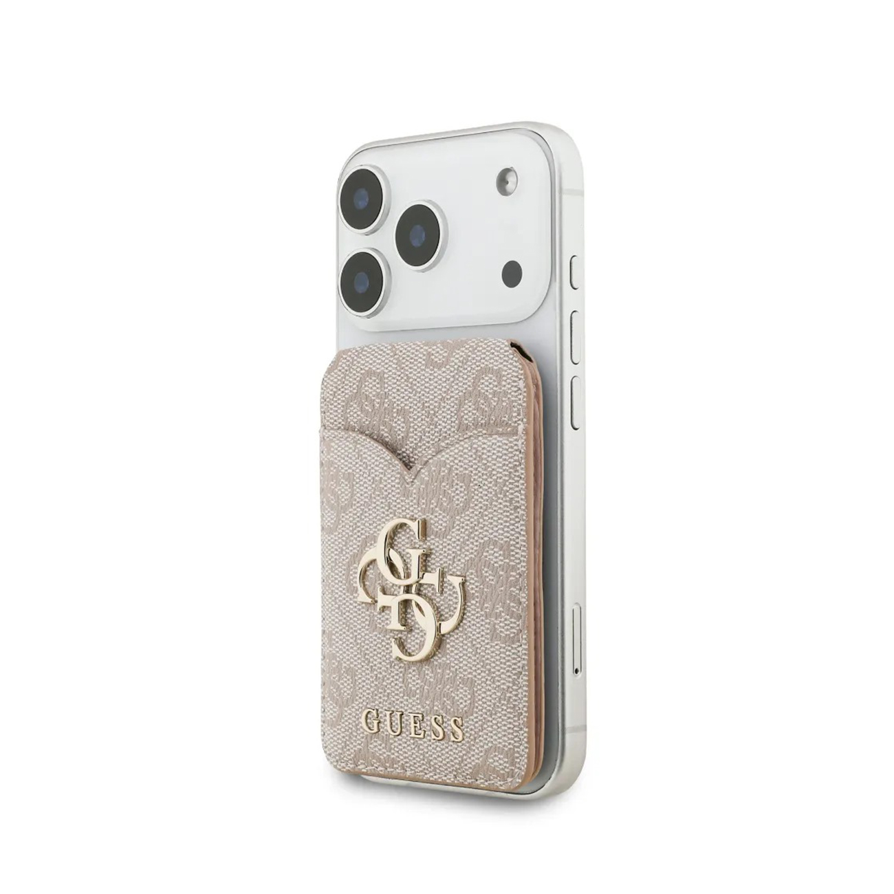 Un iPhone argento con custodia porta carte GUESS beige con logo.