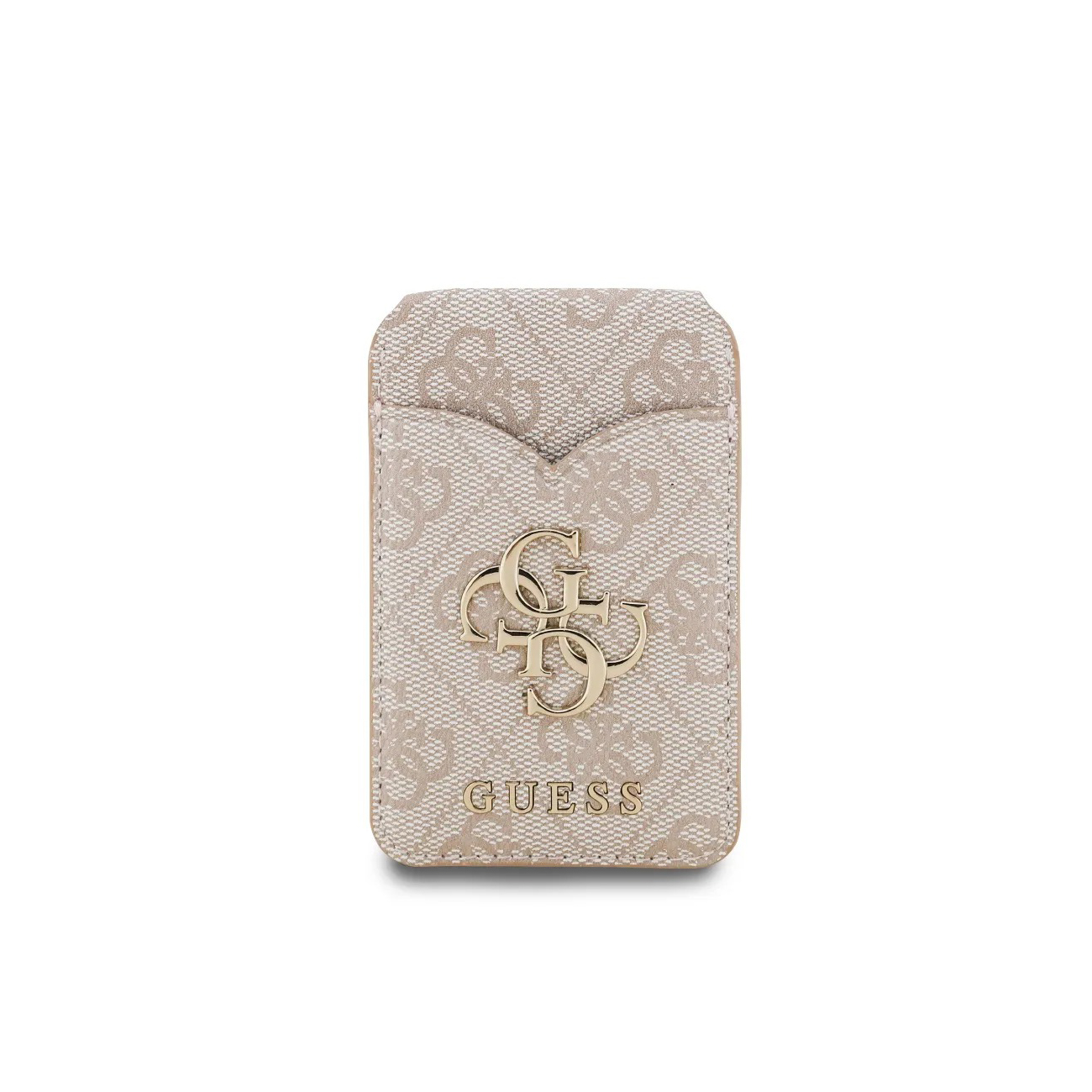 Un porta carte beige Guess con motivo logo e hardware dorato.