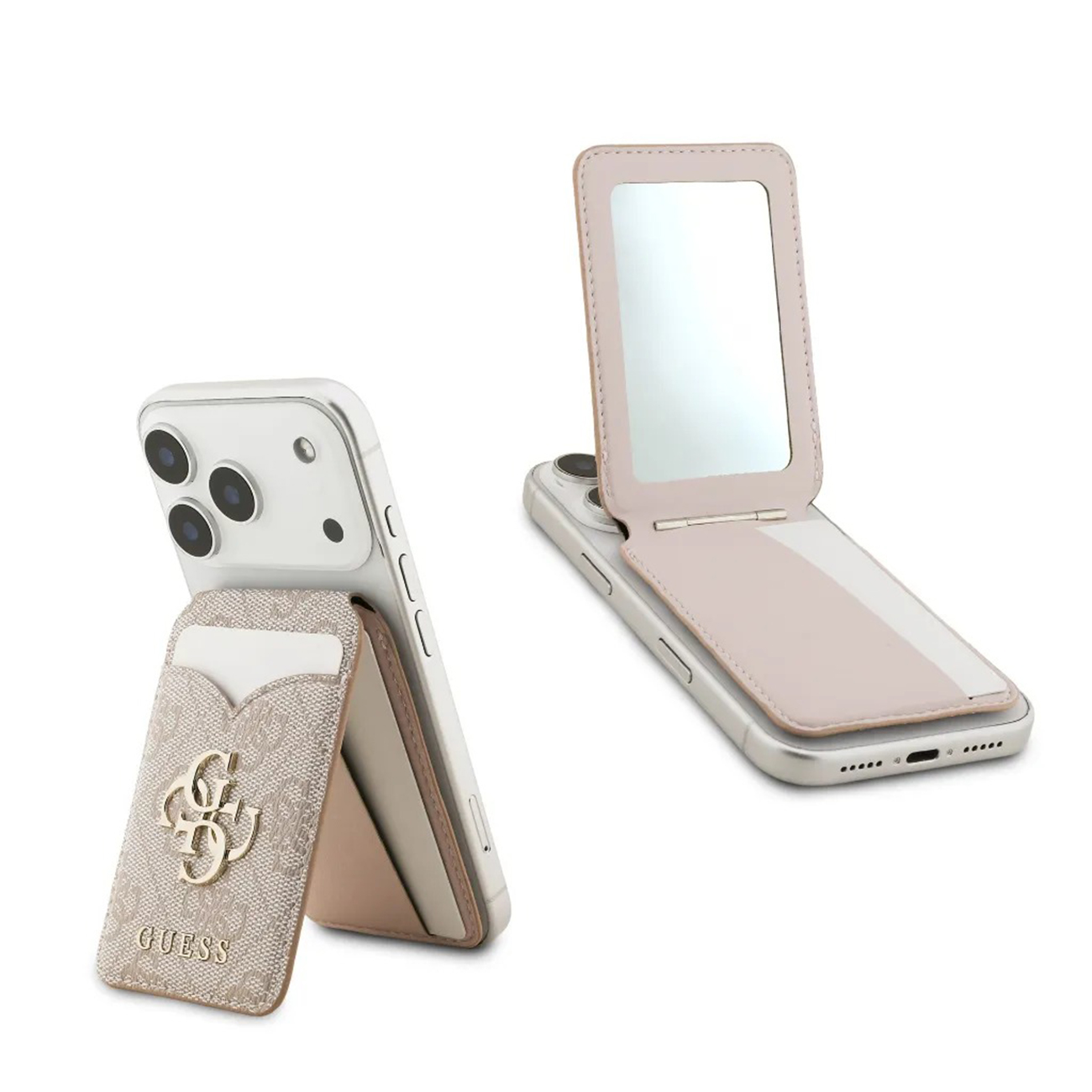 Un telefono con custodia Guess rosa con specchio e porta carte.