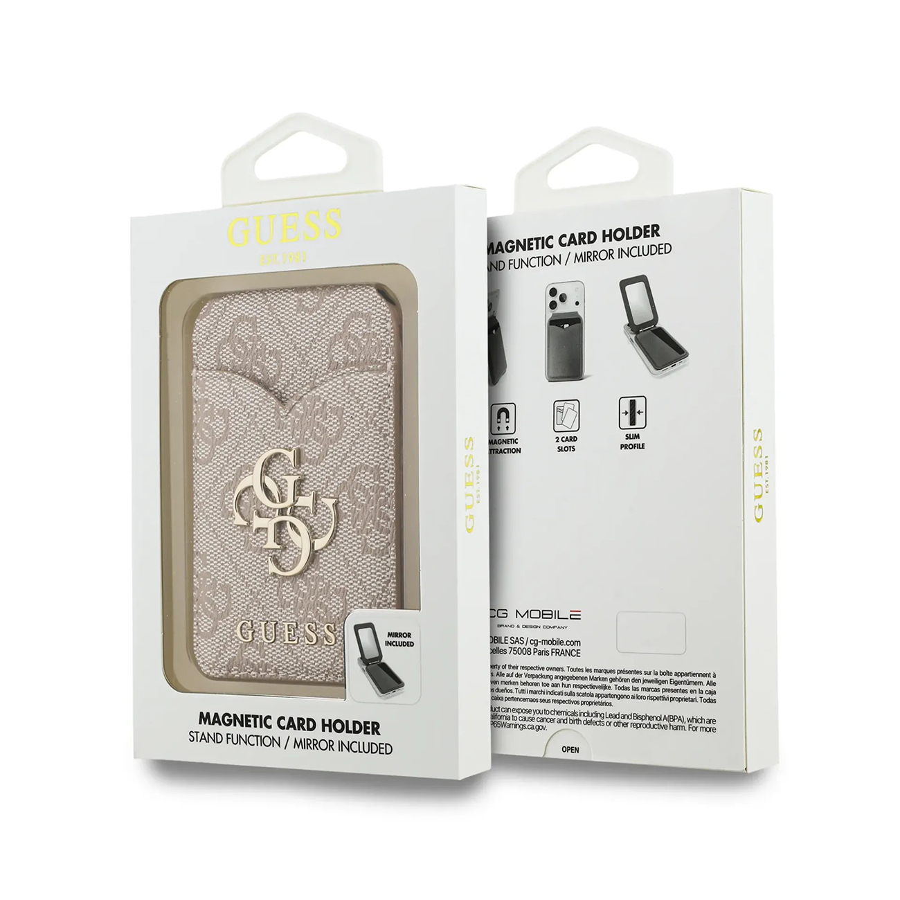 Portacarte magnetico Guess con funzione stand e specchio. Beige con logo.