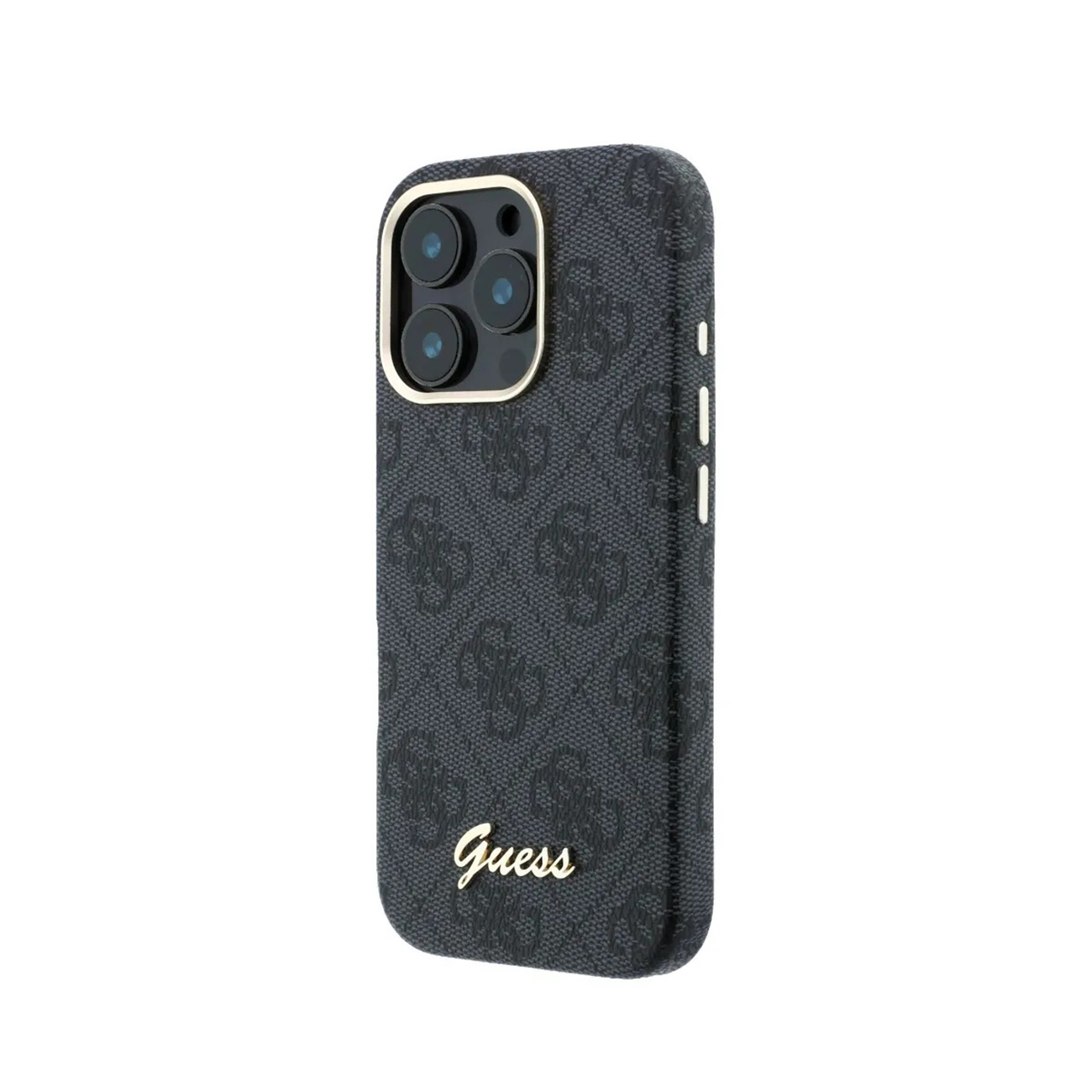 Funda de teléfono negra con logo Guess y recorte de cámara.