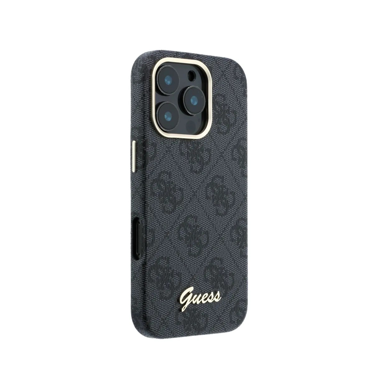 Funda negra para teléfono con logo de Guess y recorte de cámara.