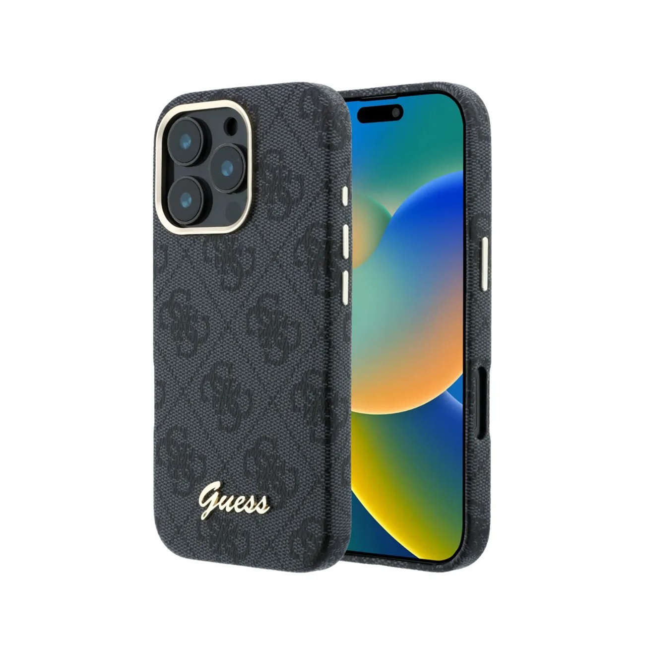 Funda de teléfono negra con logo de Guess y tres lentes de cámara.