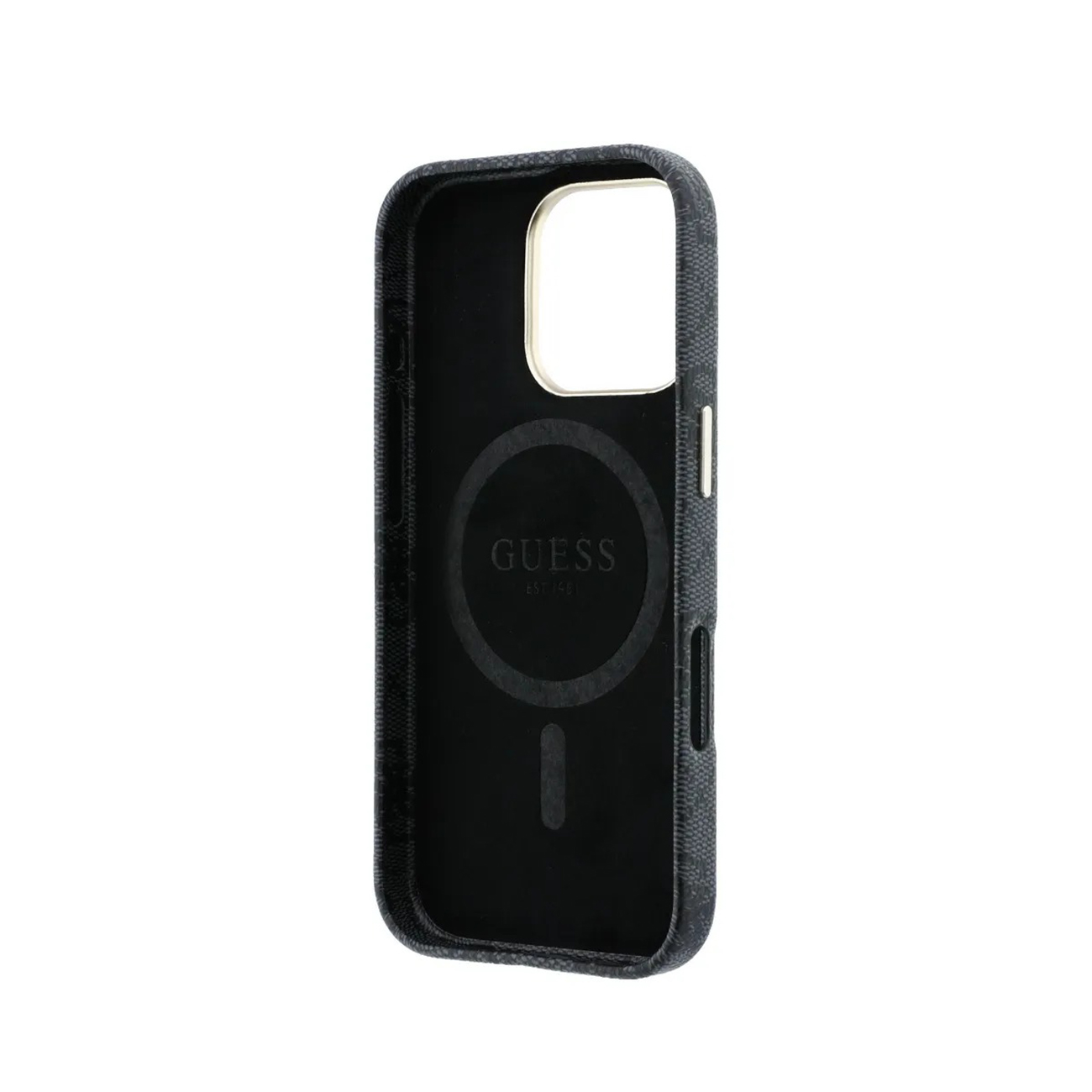 Funda negra para iPhone con logo de Guess y círculo magnético.