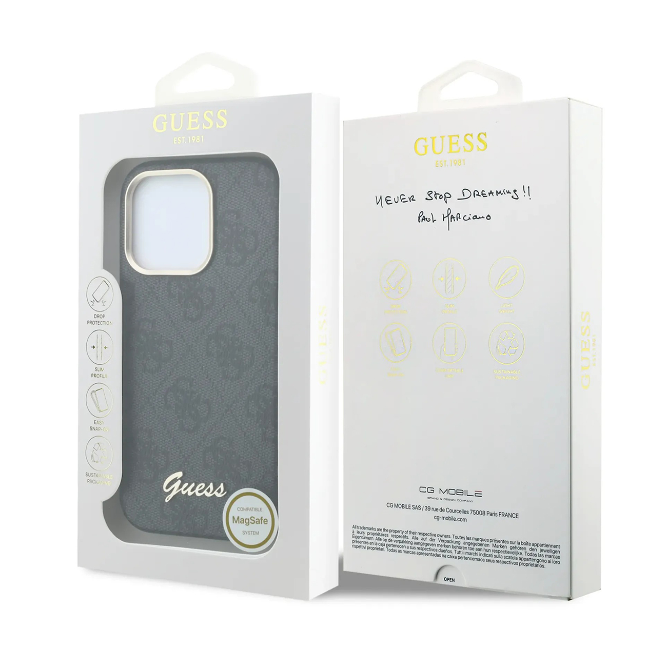 Funda gris Guess con patrón, compatible con MagSafe, en embalaje blanco.