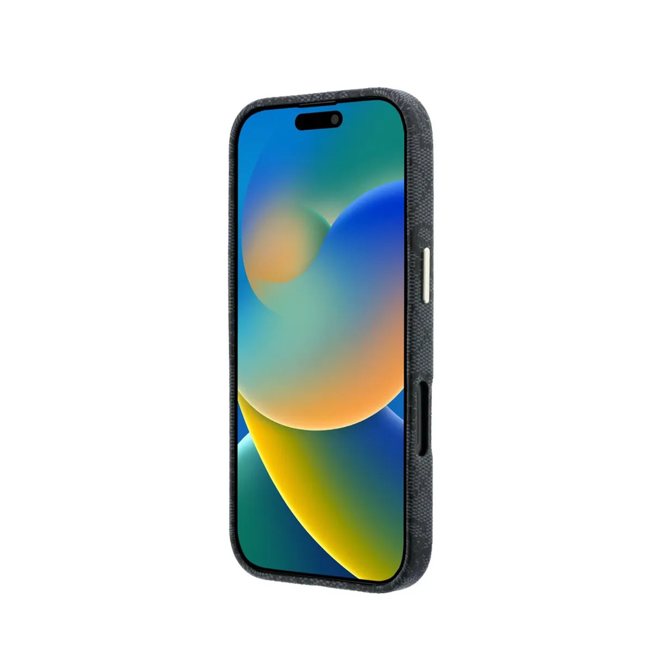 Teléfono oscuro con funda estampada y pantalla de bloqueo colorida.