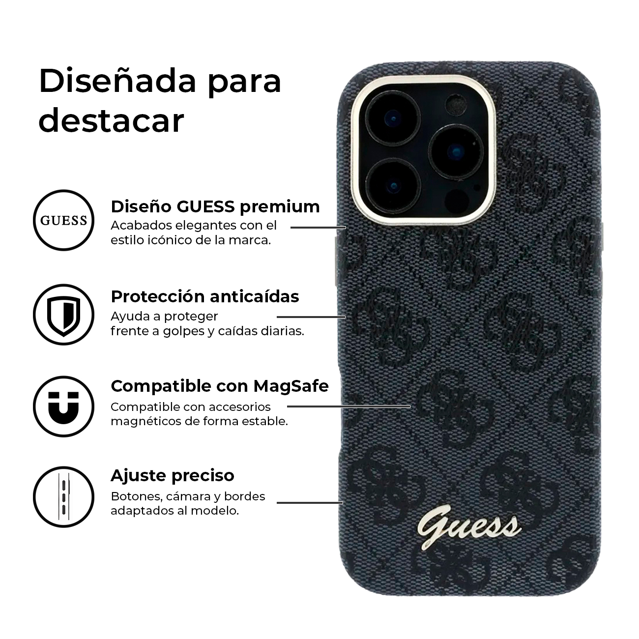 Funda negra Guess con patrón, logo y corte de cámara.