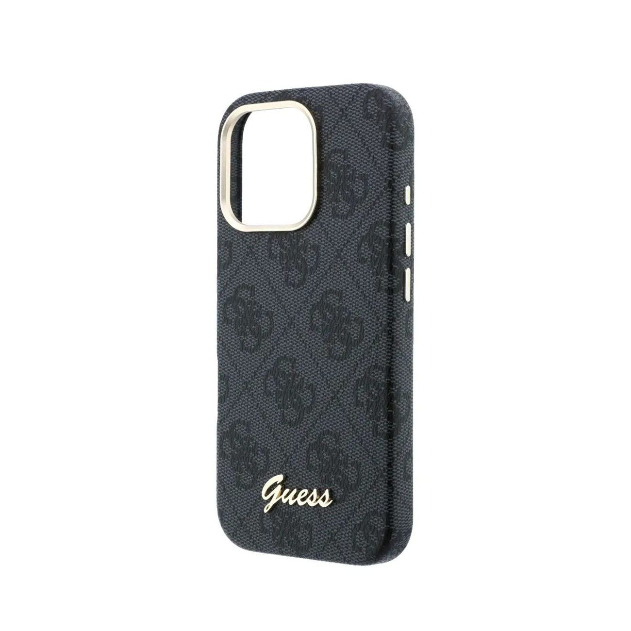 Funda de teléfono gris oscuro con logo y patrón Guess, borde dorado alrededor de la lente.