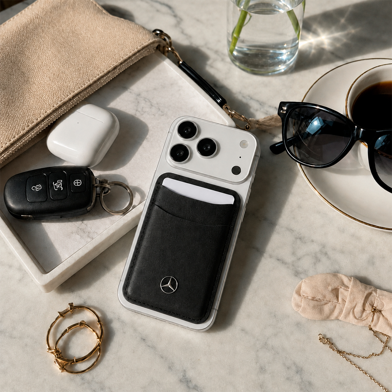 Una funda blanca para iPhone con tarjetero negro junto a llaves de coche y AirPods.