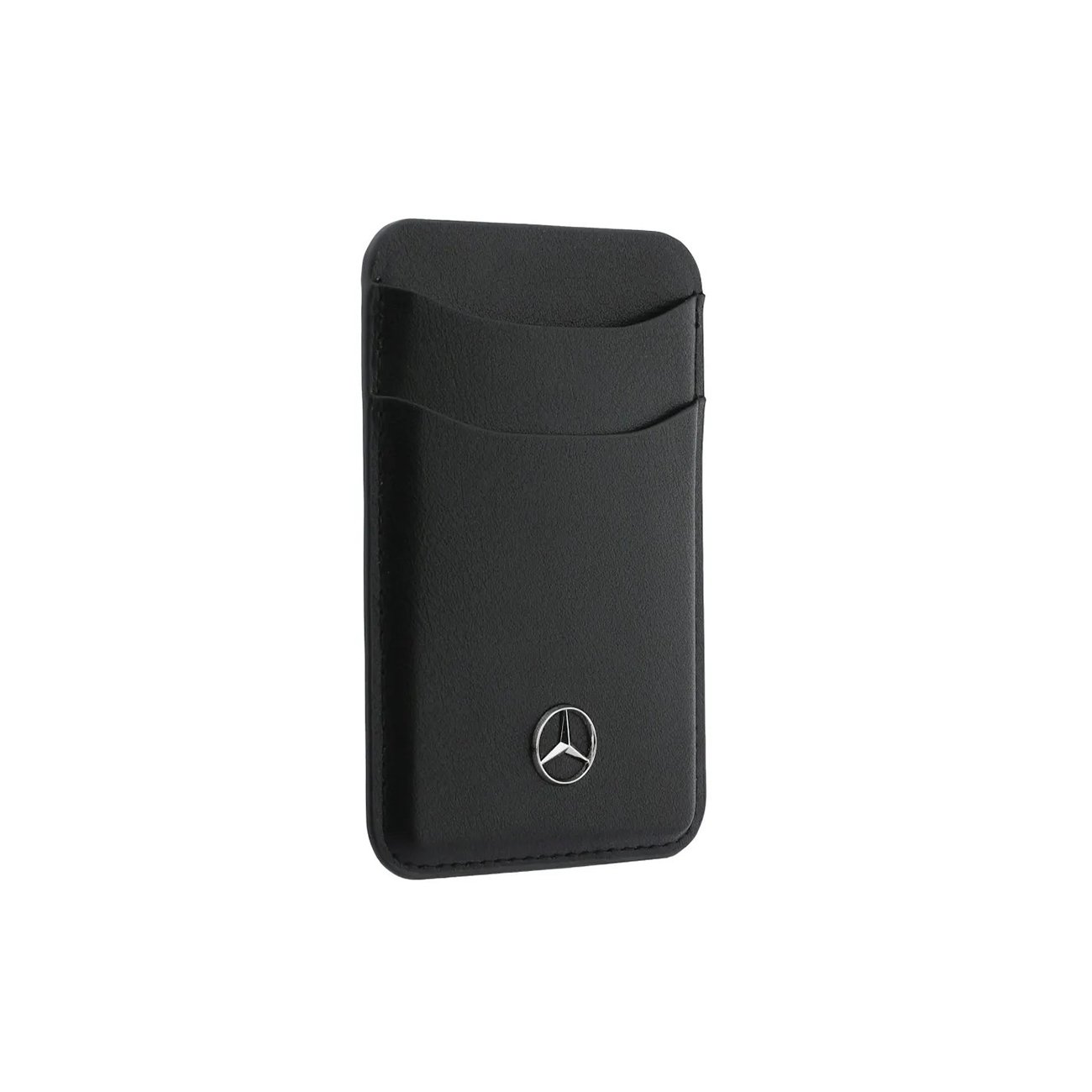 Funda de cuero negra con logo de estrella Mercedes-Benz.
