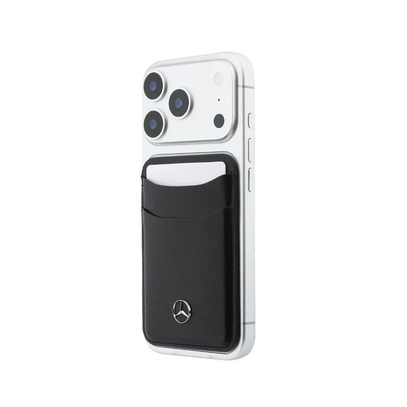 iPhone plateado con funda portatarjetas negra y logo estrella Mercedes-Benz.