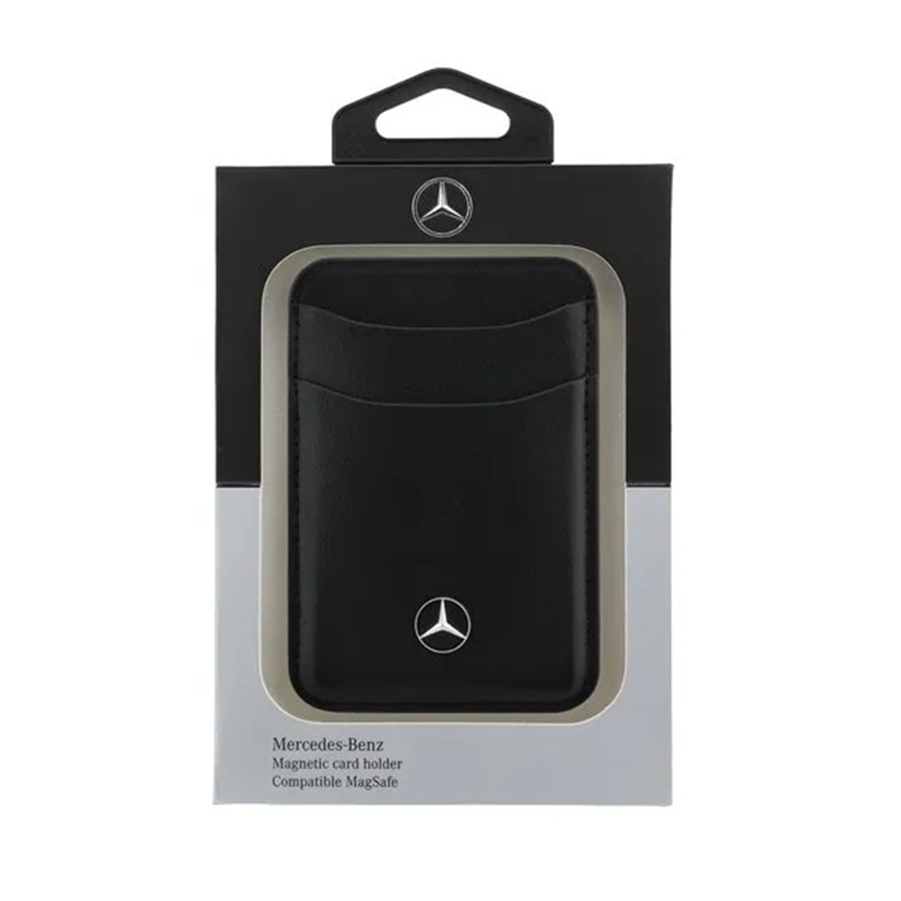 Portatarjetas magnético negro Mercedes-Benz, compatible con MagSafe, en embalaje.