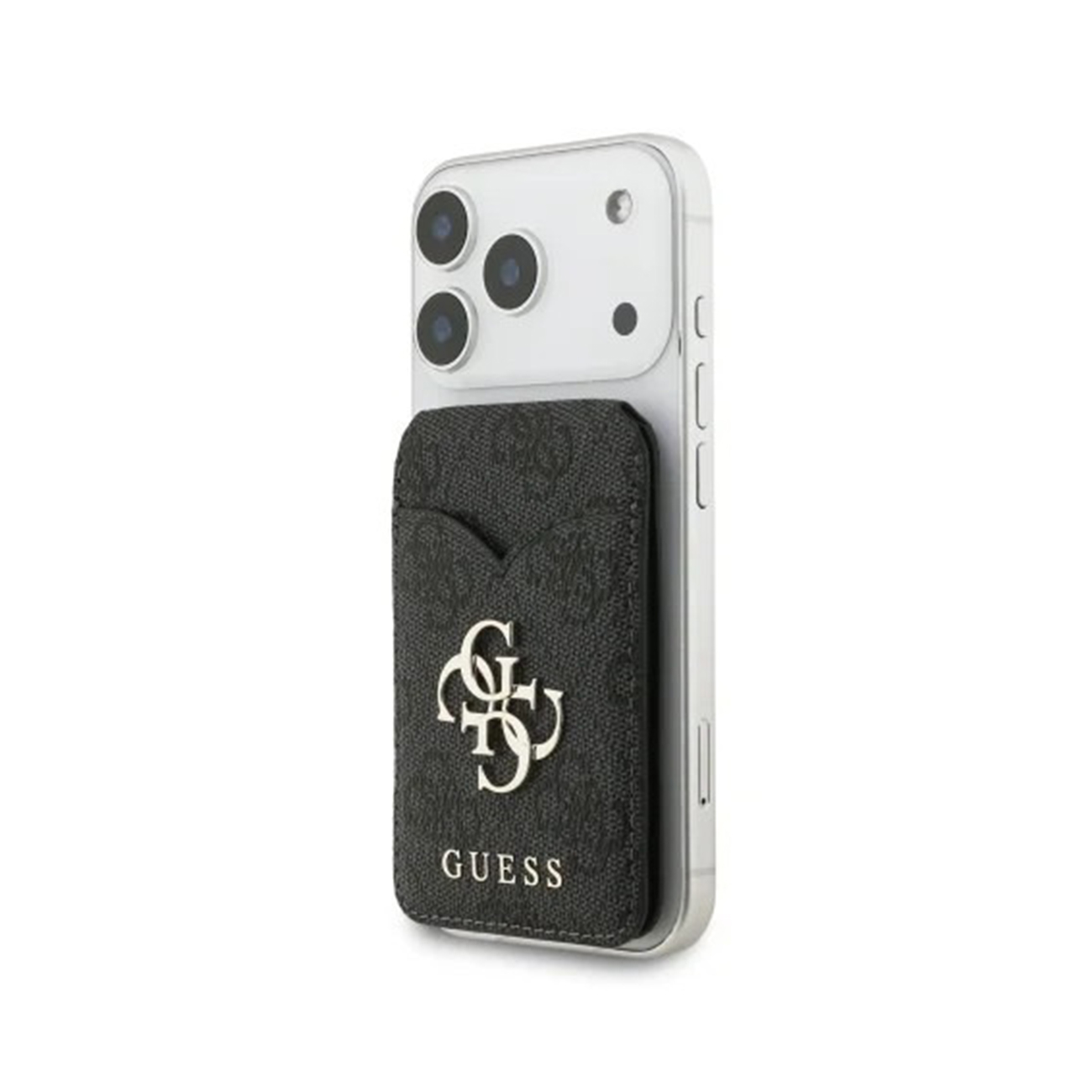 Un tarjetero negro con logo Guess en un iPhone blanco.