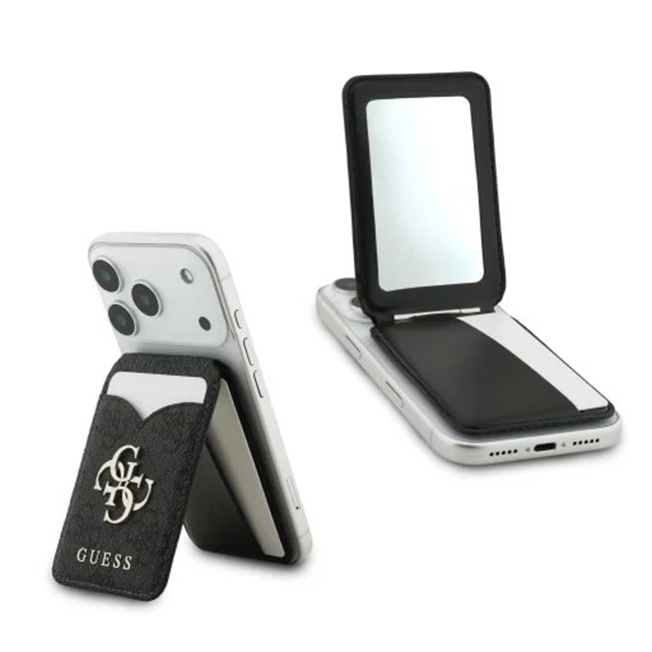 Dos iPhones con accesorios: uno con tarjetero, el otro con espejo.