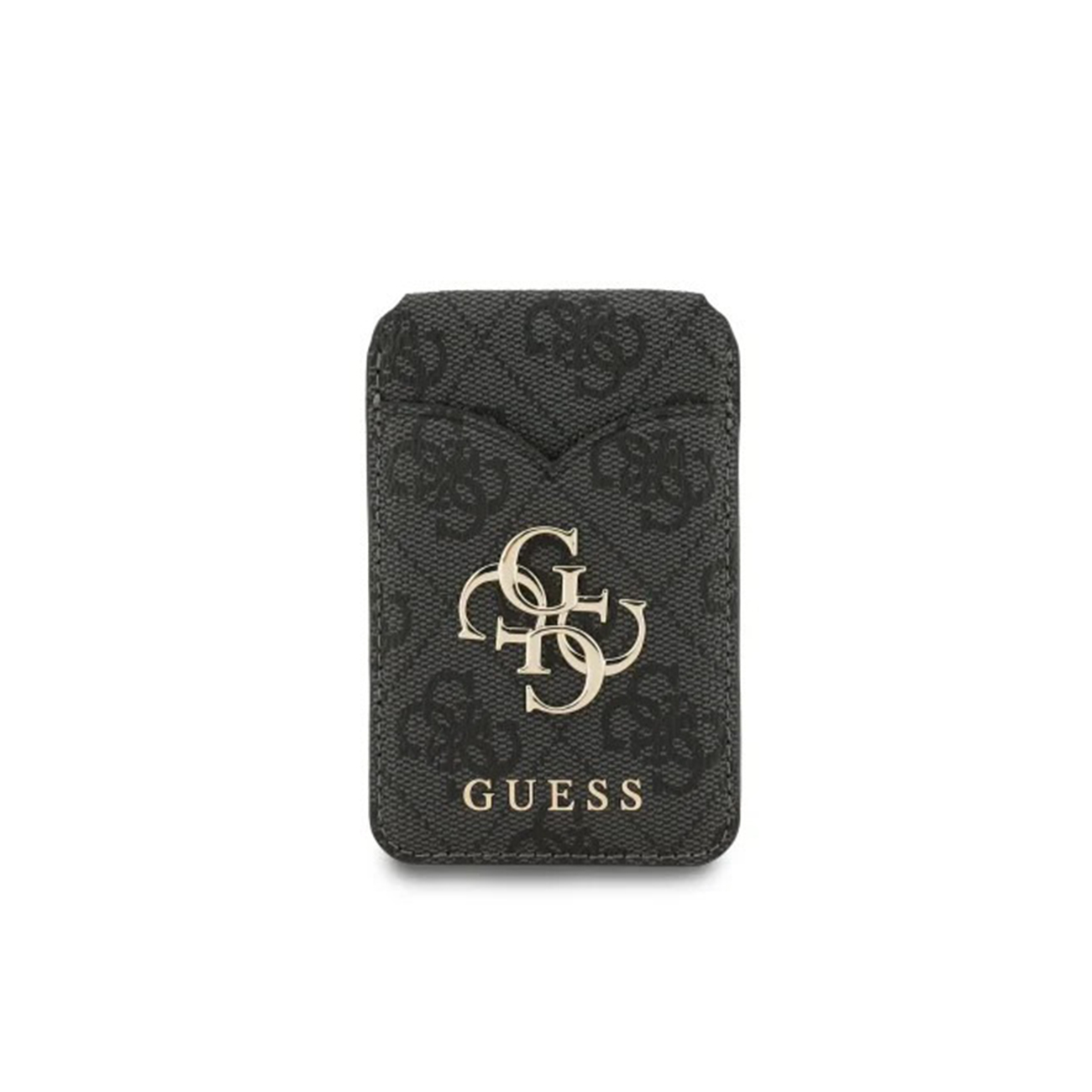 Cartera gris oscura con logo Guess y patrón de monograma.