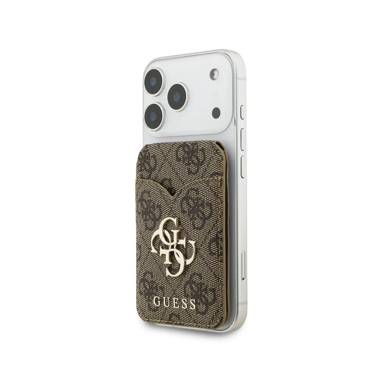 Un iPhone con un tarjetero Guess marrón que muestra su logo.