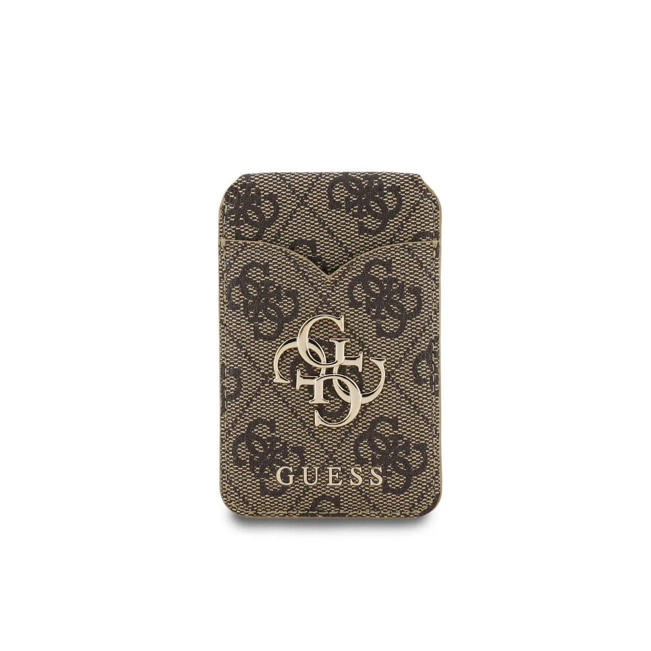 Una billetera marrón con logo GUESS y patrones.