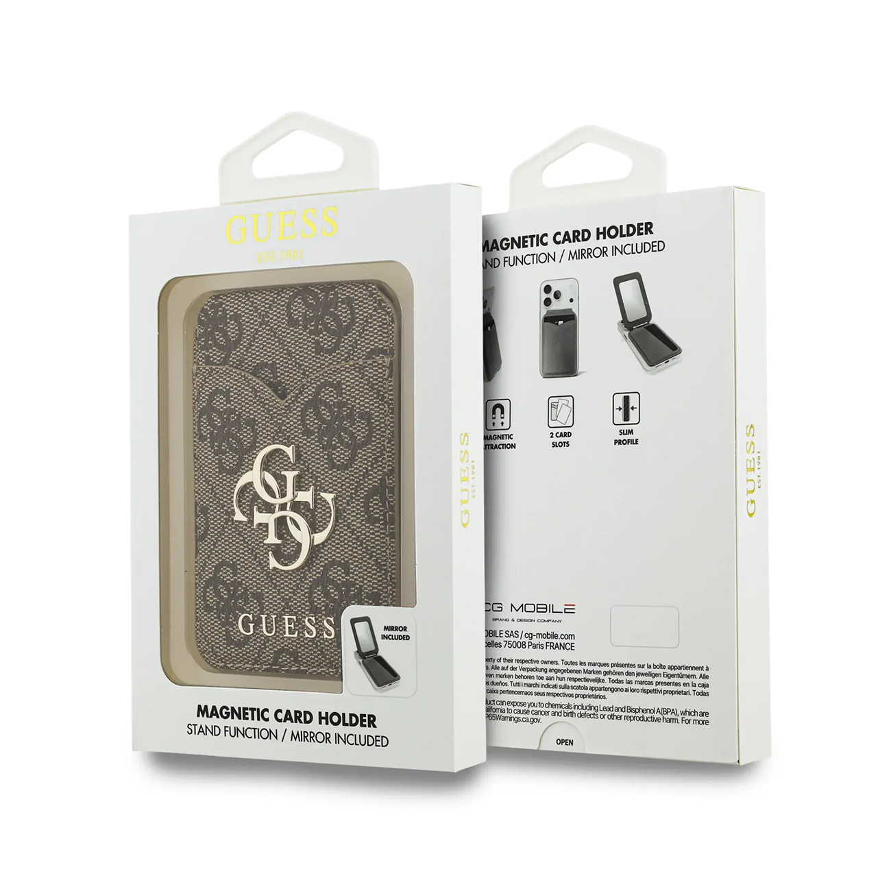 Embalaje de tarjetero Guess con funda para móvil y espejo en estampado Guess.