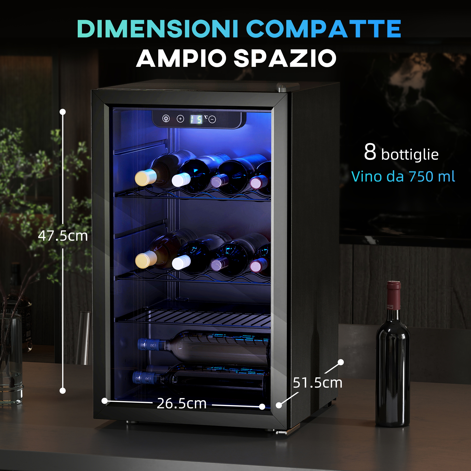 Cantinetta vino nera per 8 bottiglie, illuminata. Dimensioni 47,5x26,5x51,5cm.
