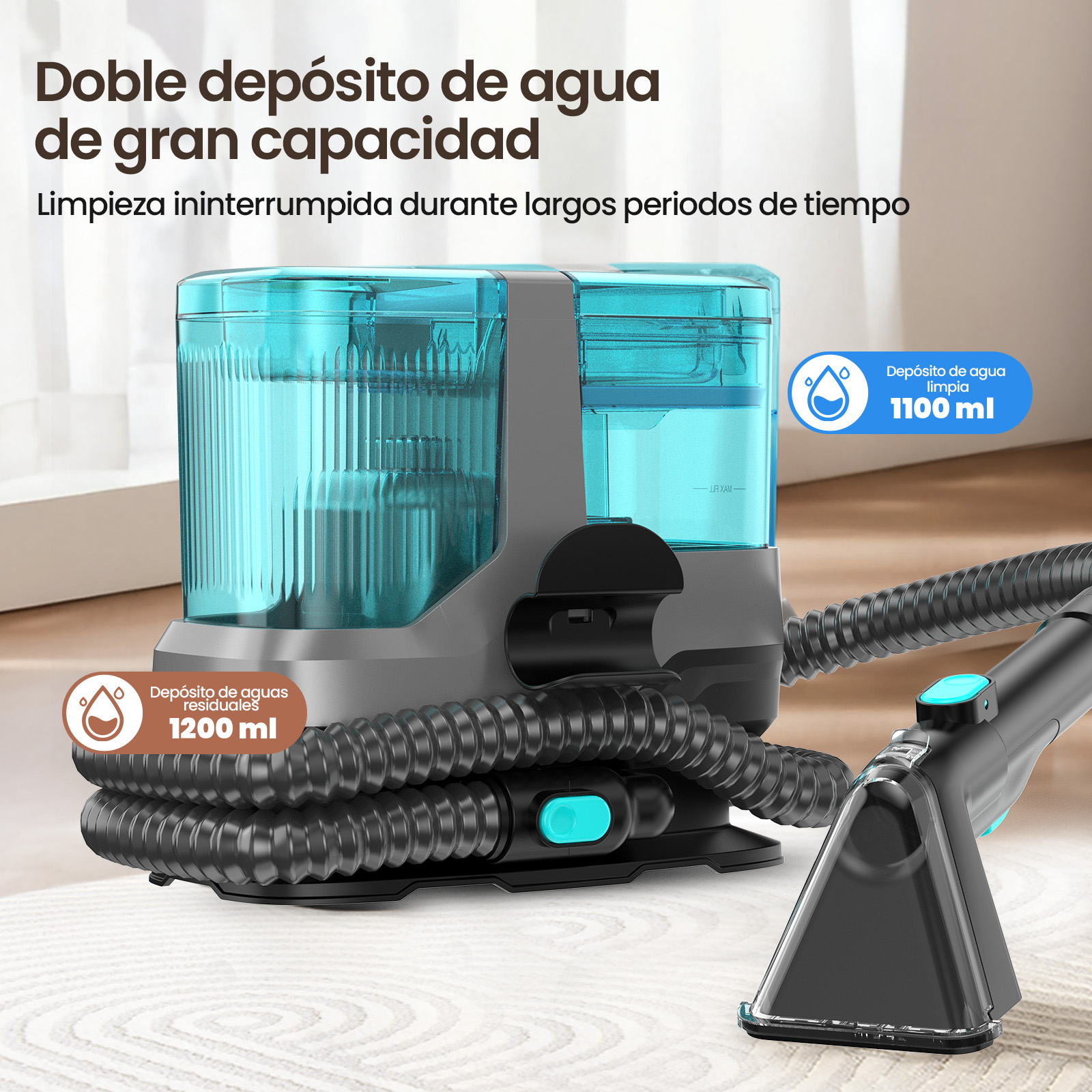 Un limpiador portátil con dos depósitos: 1100 ml limpios, 1200 ml sucios.