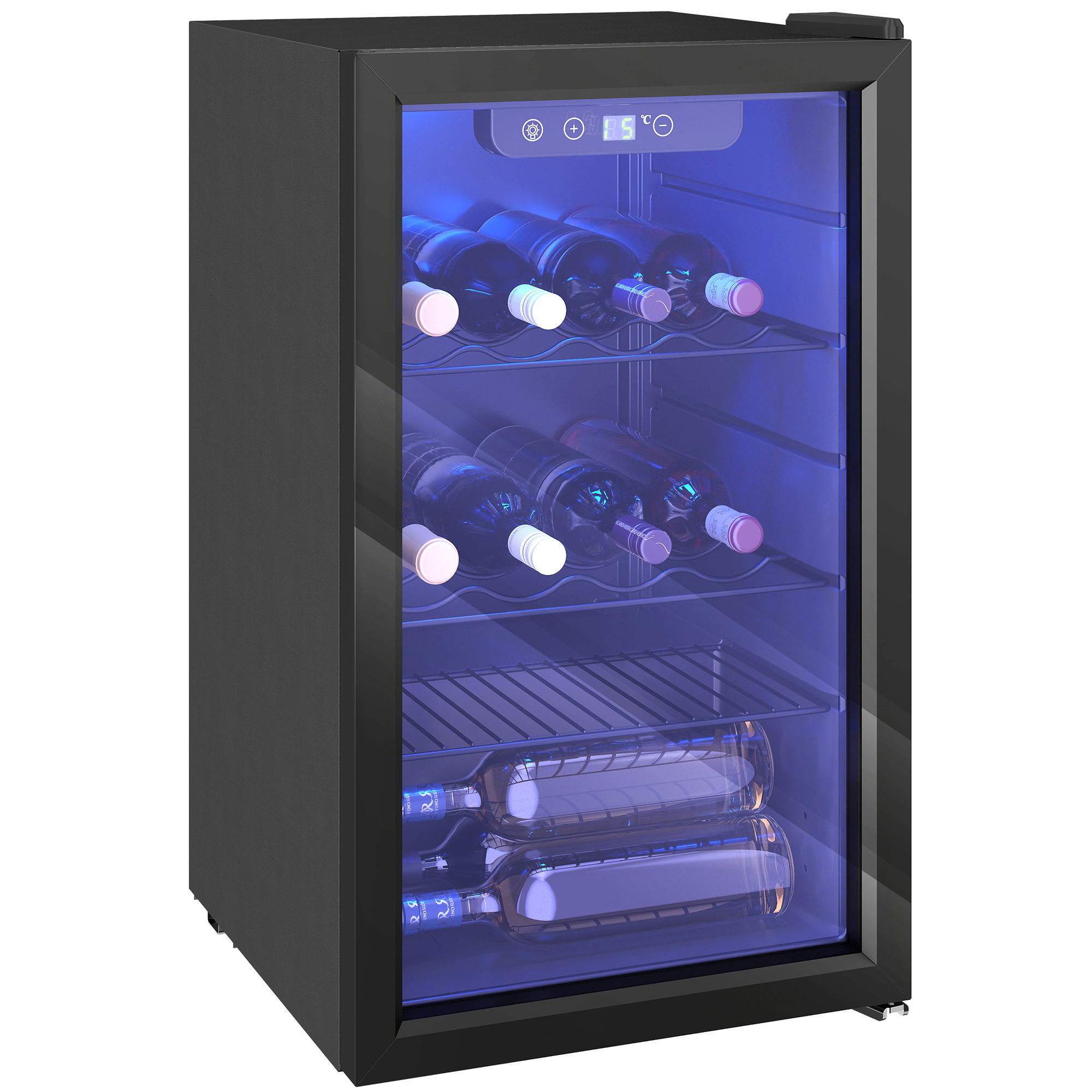 Cantinetta vino nera con porta in vetro, 7 bottiglie, illuminata da luce blu.