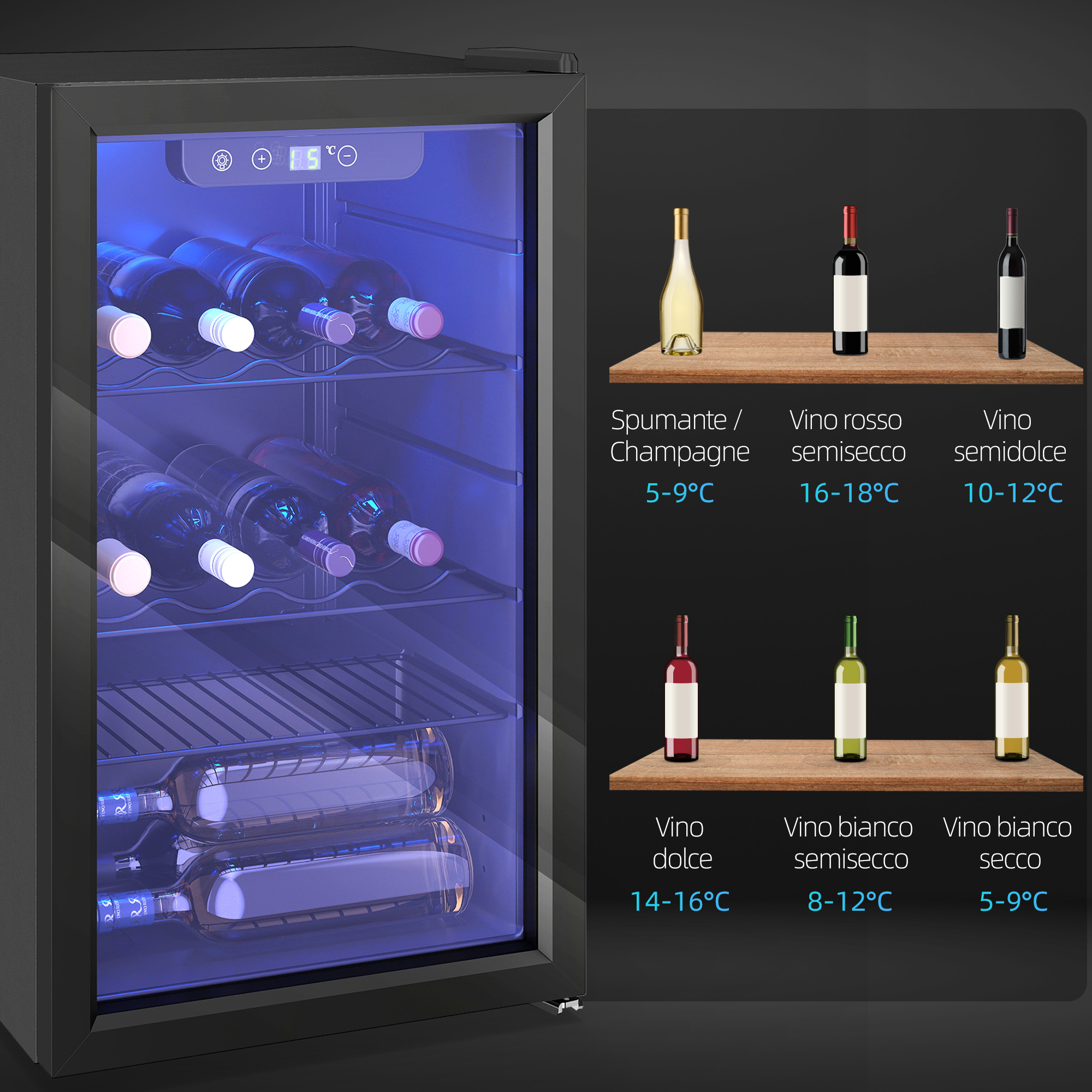 Cantinetta con luce blu riempita di bottiglie. Accanto, vari vini con indicazioni di temperatura.