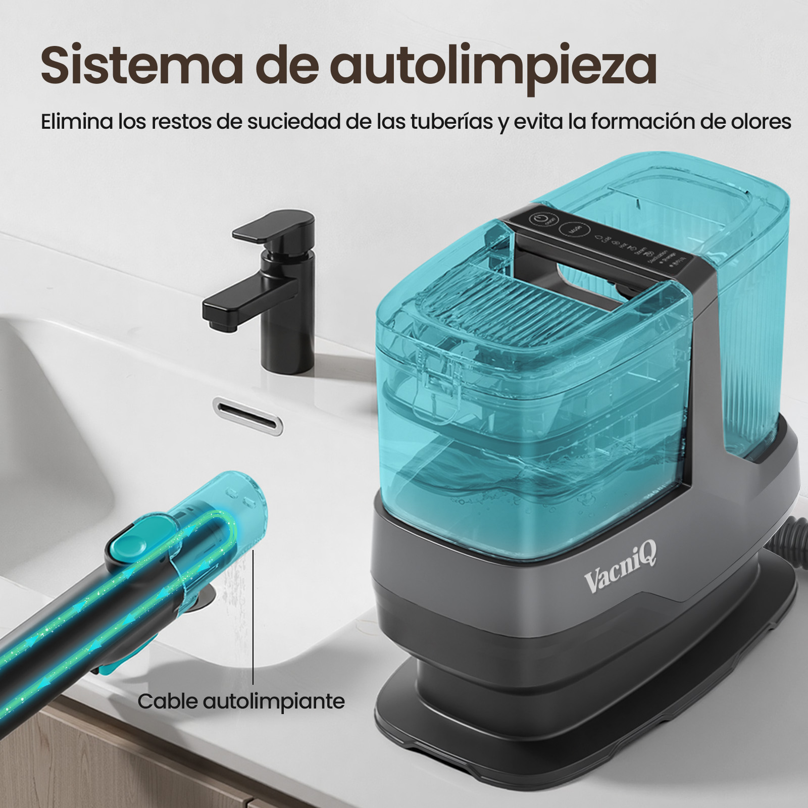 Un sistema de cable autolimpiante con un tanque de agua azul y un grifo.