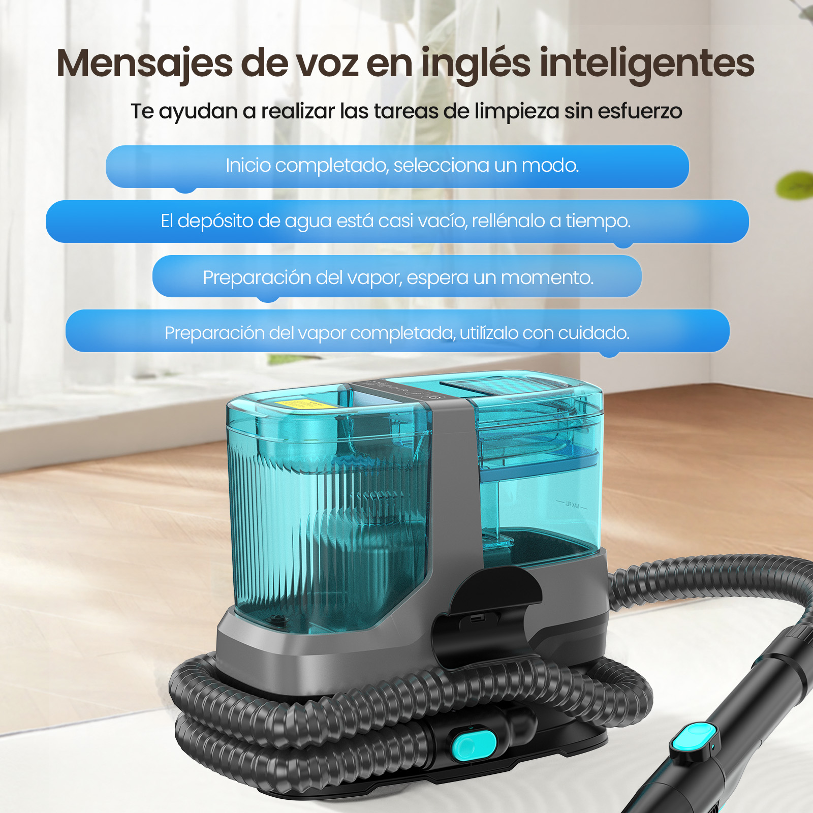 Una limpiadora a vapor inteligente con tanque de agua azul y accesorios.