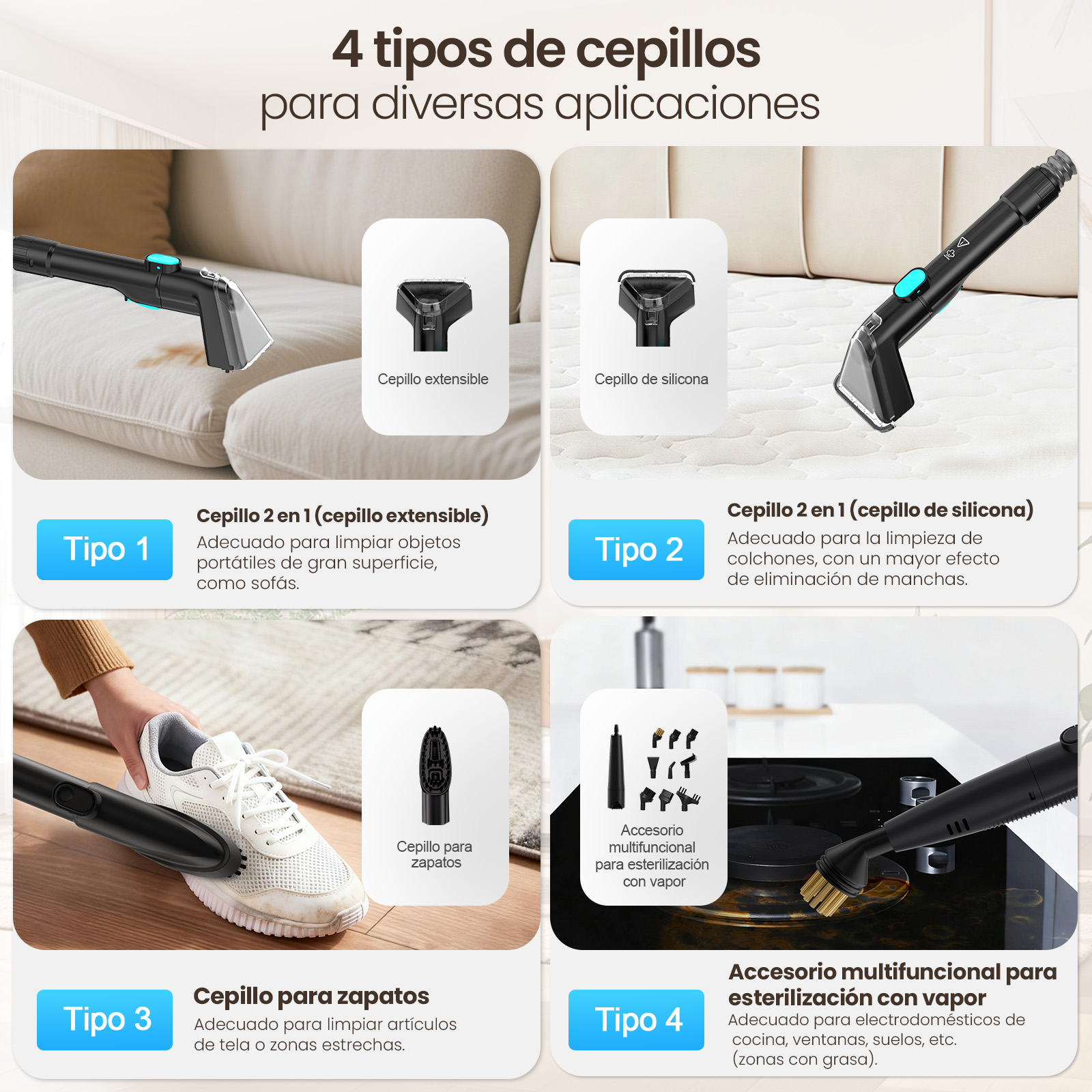 Infografía muestra 4 cepillos para diferentes tareas de limpieza con imágenes y descripciones.
