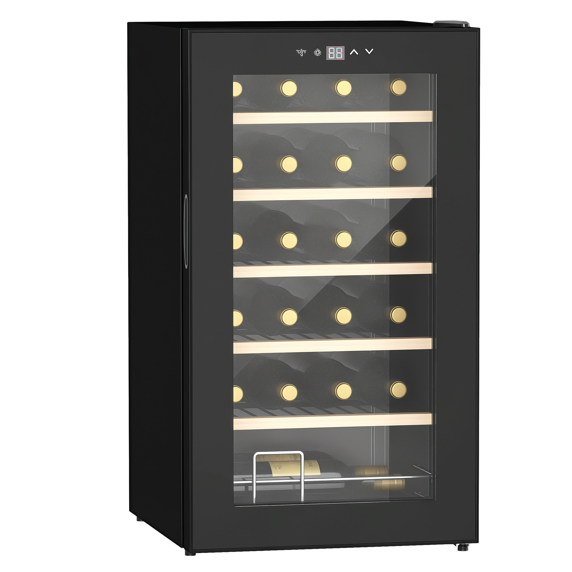 Cantinetta vino nera con porta in vetro e ripiani in legno, piena di bottiglie scure.