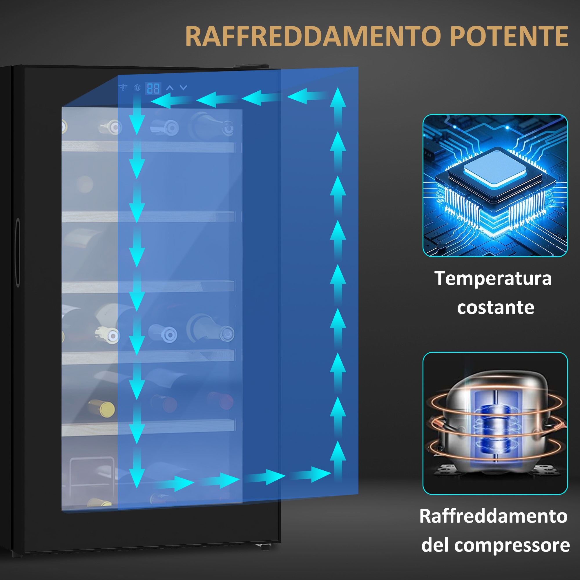 Frigo per vino con frecce che mostrano la circolazione dell'aria. Compressore e chip.
