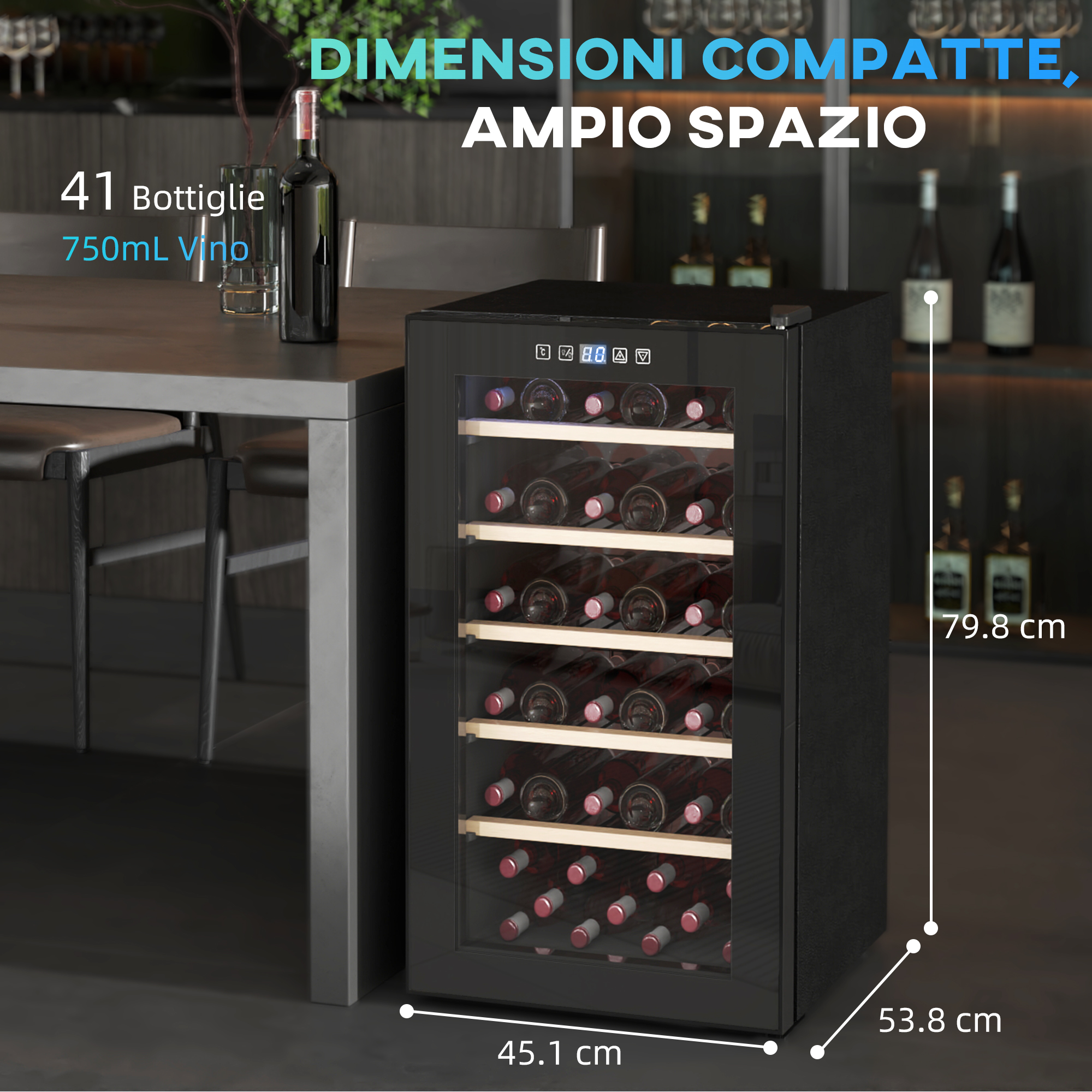 Cantinetta vino nera per 41 bottiglie, dimensioni 45,1 x 53,8 x 79,8 cm.