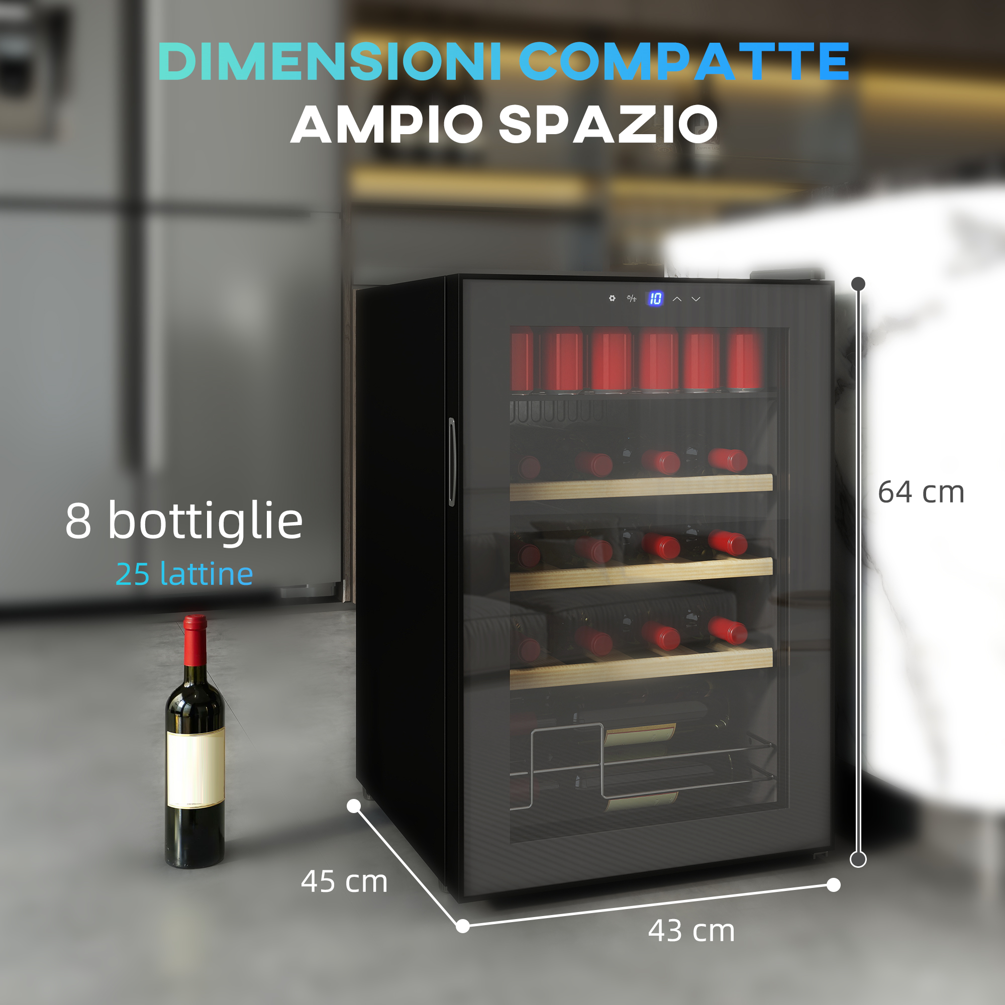 Cantinetta vino nera da 8 bottiglie e 25 lattine. Dimensioni: 64x45x43 cm.