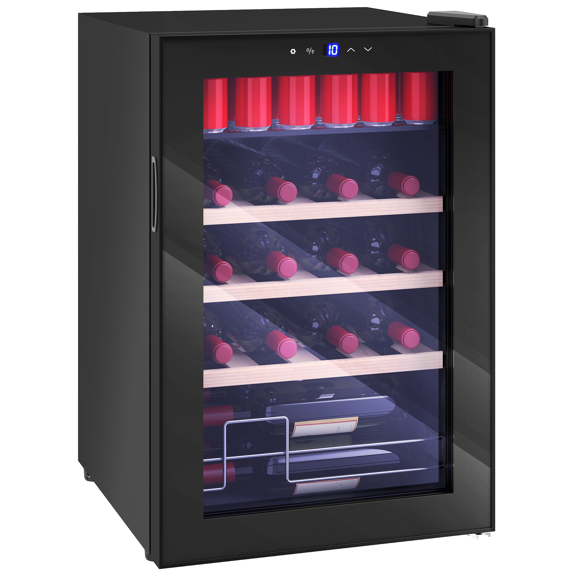 Cantinetta vino nera con porta in vetro, riempita con lattine rosse e bottiglie di vino.