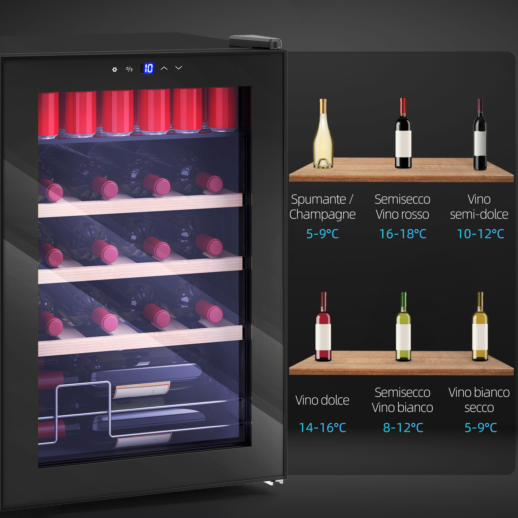 Cantinetta per vino con lattine e bottiglie rosse, impostazioni temperatura.