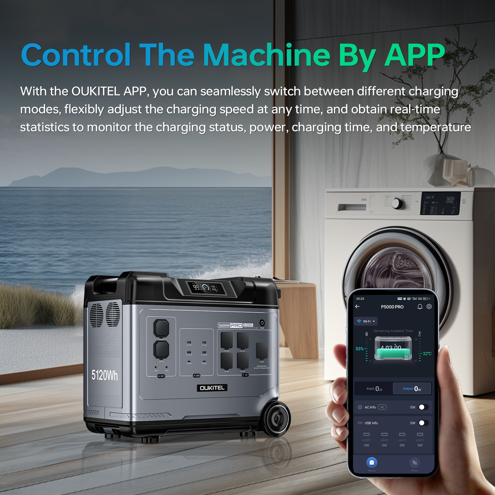Un generador gris de 5120Wh y un smartphone mostrando la APP OUKITEL.