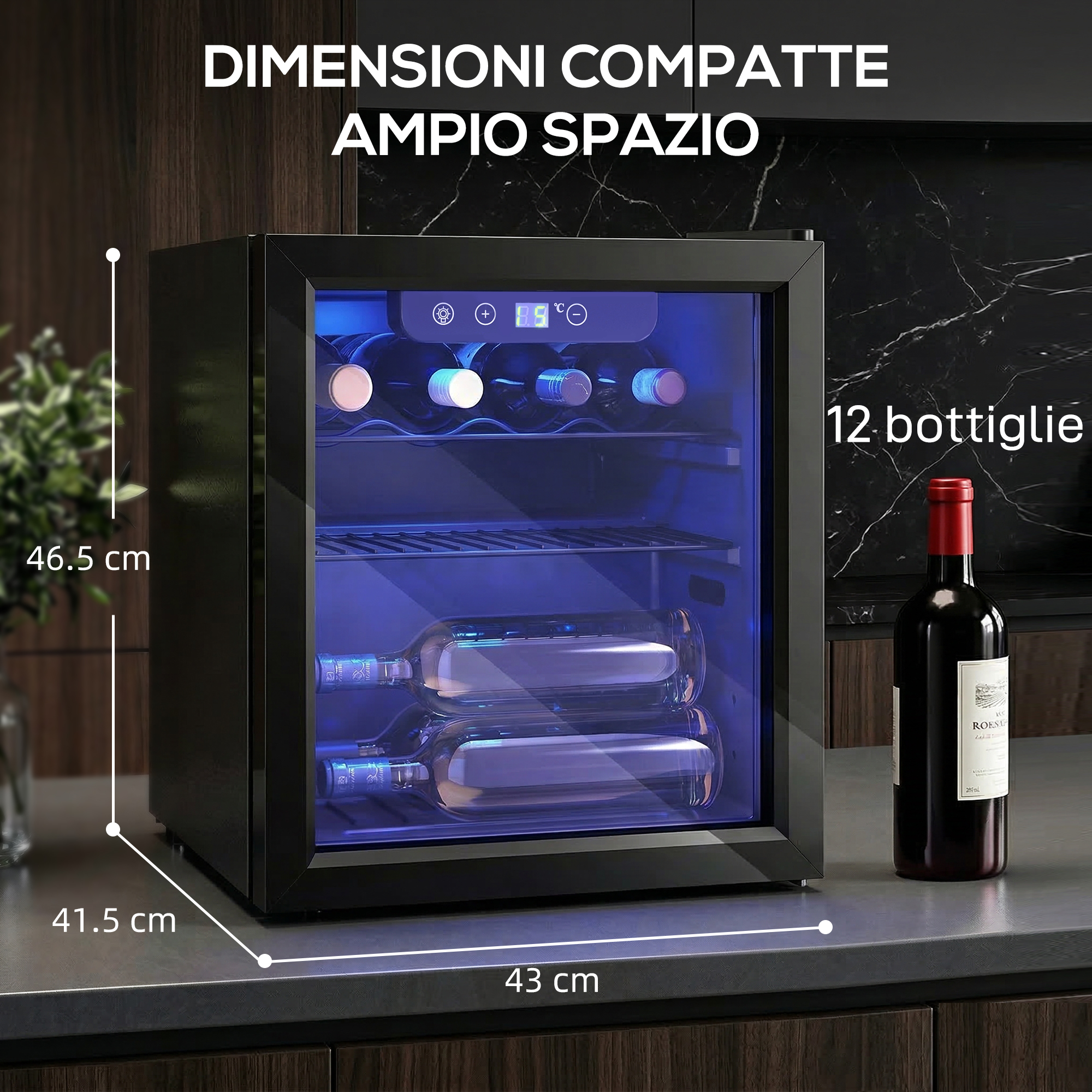 Una cantinetta compatta e illuminata per 12 bottiglie con controlli digitali.
