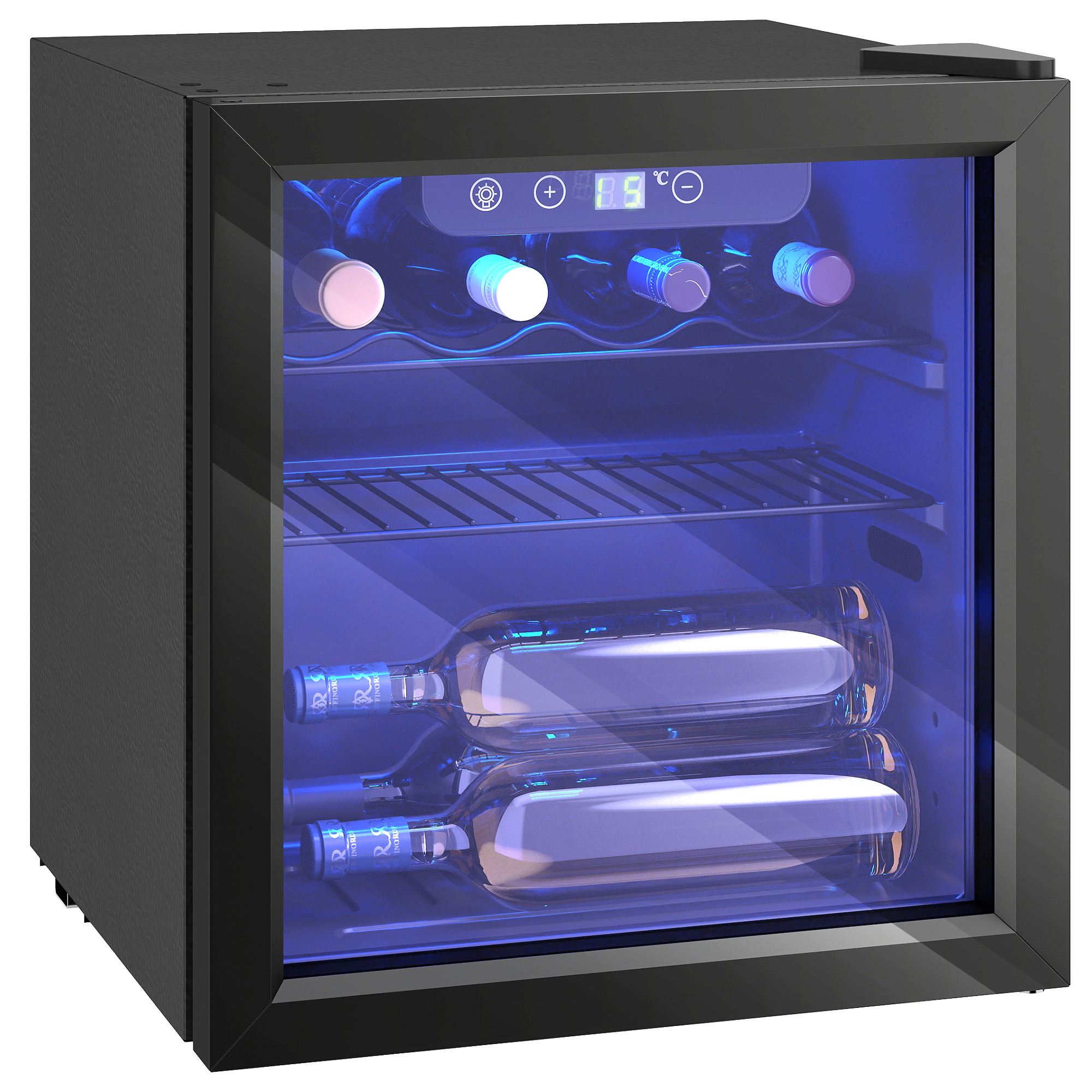 Una piccola cantinetta nera con porta in vetro e illuminazione interna blu.